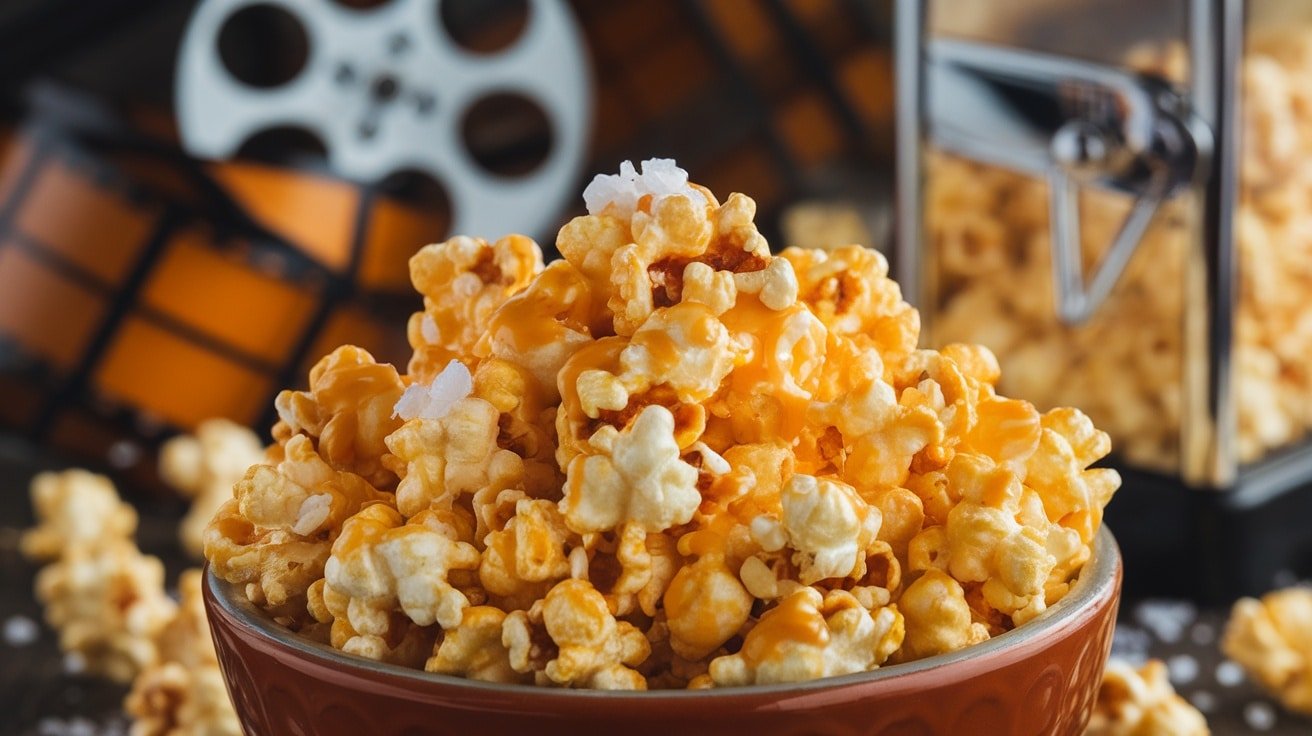 A bowl of sweet caramel popcorn with a glossy finish, surrounded by popcorn kernels and a movie setup.