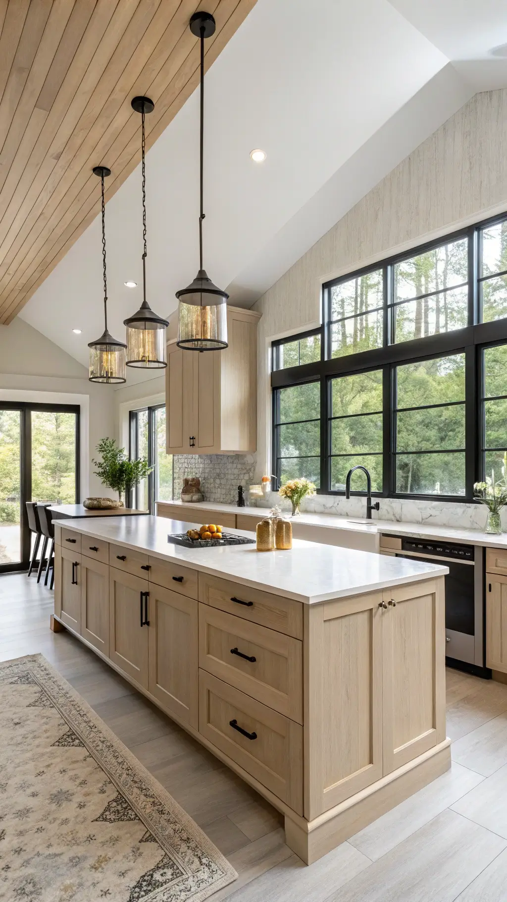 Modern kitchen with beige Shaker-style cabinets, black hardware, waterfall quartz countertop on island, brushed brass pendant lights, artisanal ceramics, fresh herbs, and minimal steel appliances in warm morning light.