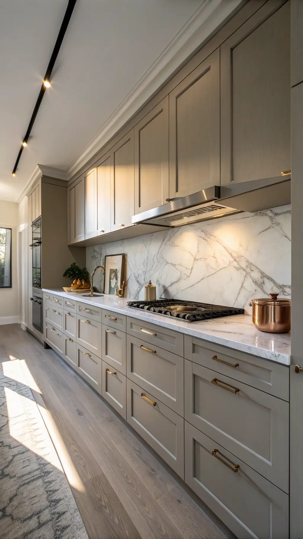 Small galley kitchen with cool greige cabinets, white marble backsplash, stainless steel pulls, styled with copper cookware and white linens, captured under warm light during golden hour.