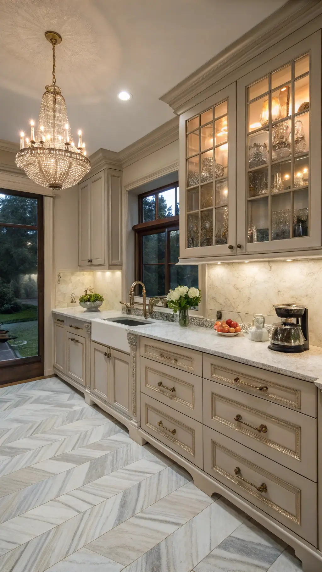 Dusk view of a transitional L-shaped kitchen with taupe cabinets, antiqued brass pulls, glass-front upper cabinets displaying vintage china, herringbone marble floor, lit by a crystal chandelier; styled with fresh flowers, antique copper kettle, and white ironstone collection.