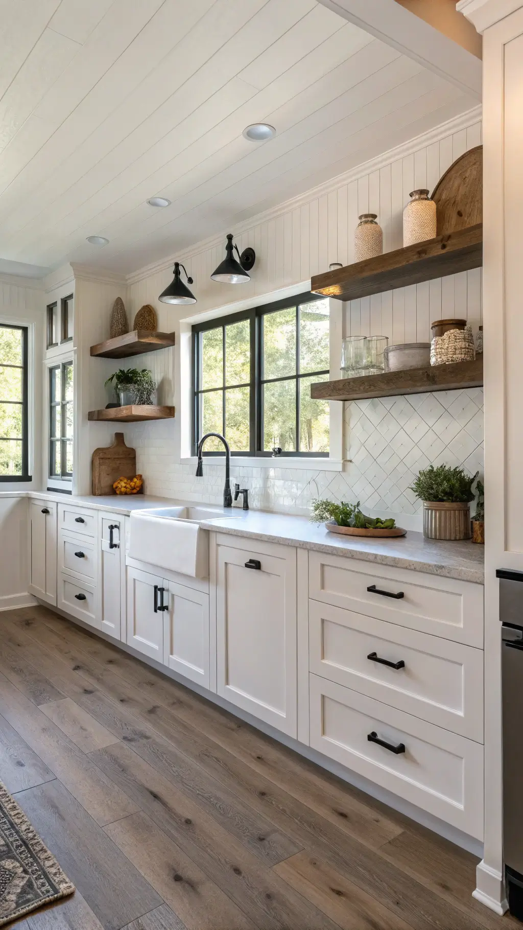 Modern 14x16ft farmhouse kitchen with pure white shaker cabinets featuring visible grain texture and matte black hardware, oak floors, open shelves with pottery, vintage breadboard and earthenware crocks, illuminated by morning light and task lighting.