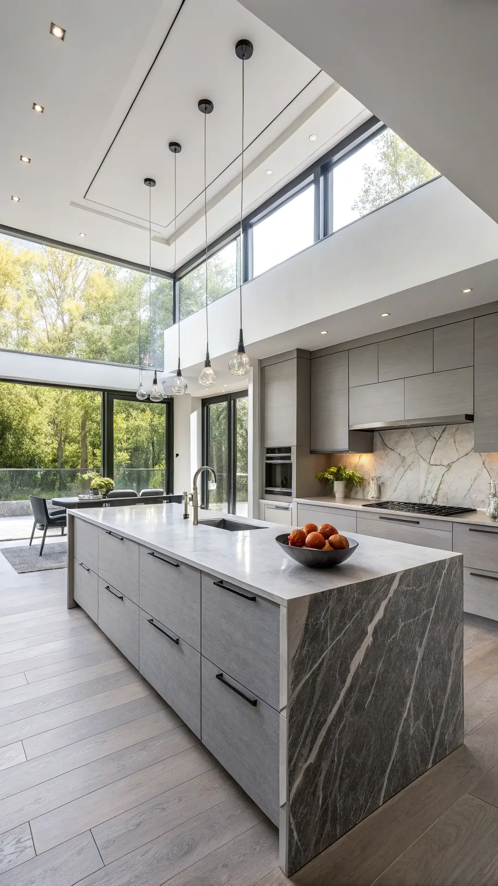 Spacious contemporary kitchen with light gray cabinets, dark quartzite waterfall island, and large windows providing natural light, shot from the dining area emphasizing kitchen integration. Minimalistic accessories and a geometric fruit bowl adorn the space.