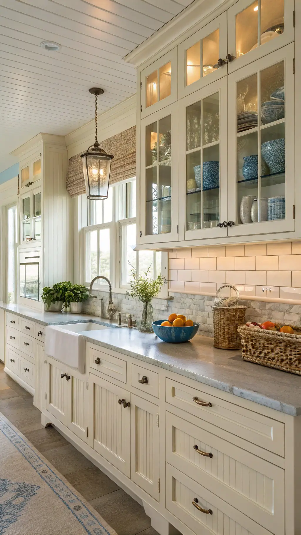 Coastal kitchen featuring warm cream beadboard cabinets with glass uppers, nickel pulls and knobs, and a subway tile backsplash bathed in afternoon light with blue-and-white décor accents.
