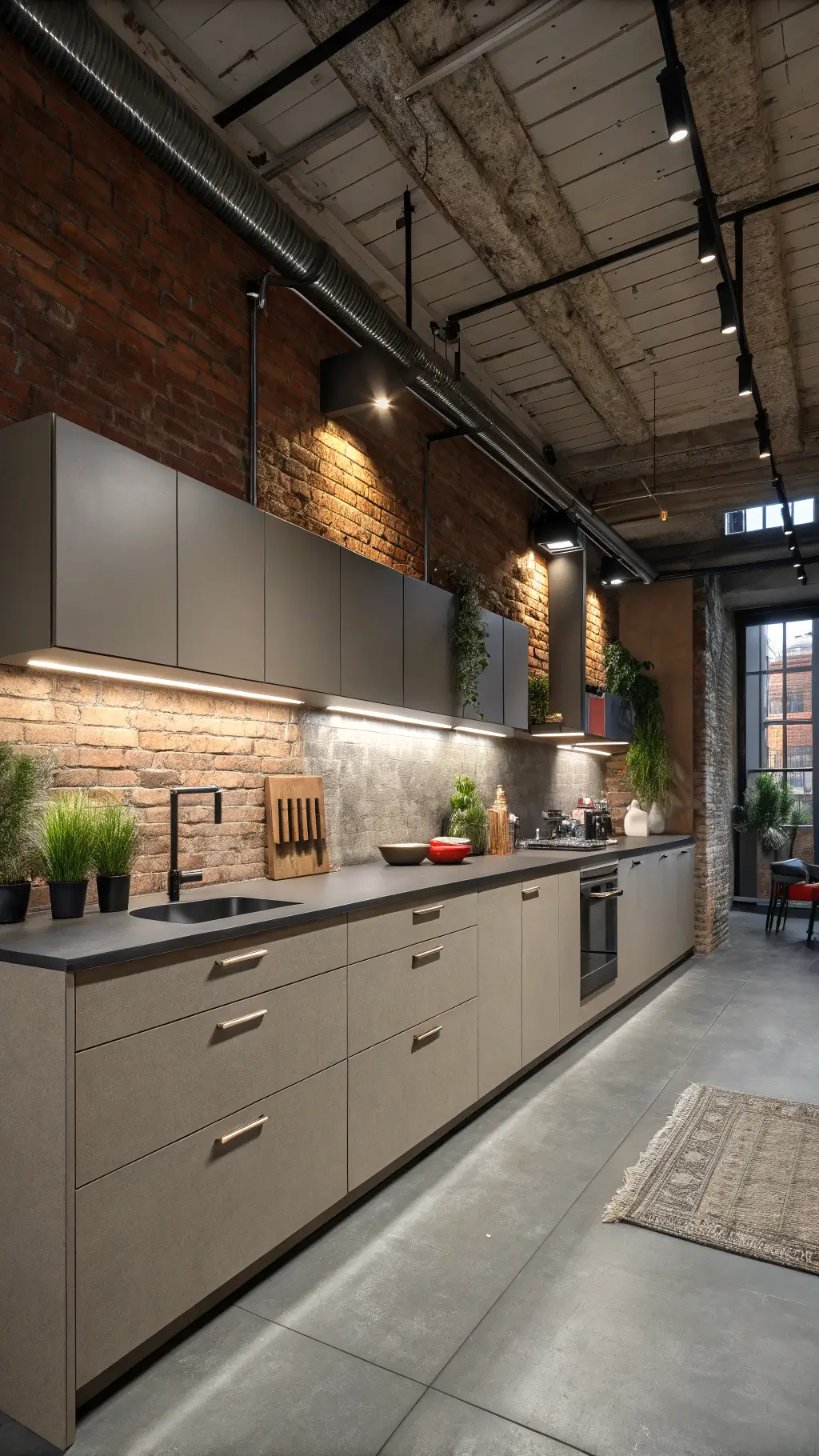 Urban loft kitchen with greige cabinets, concrete countertops, exposed red brick wall, dramatic track lighting, accessorized with professional cookware and geometric decor at twilight.