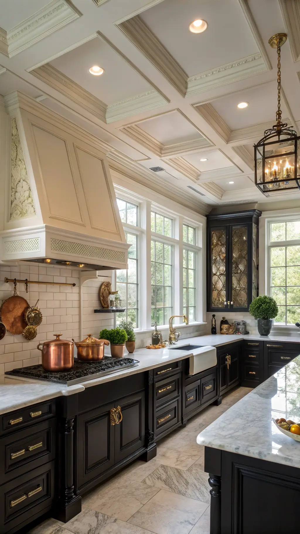 Elegant traditional kitchen with black cabinets, brass handles, Carrara marble counters, subway tile backsplash, and coffered ceilings highlighted by morning light through mullioned windows.