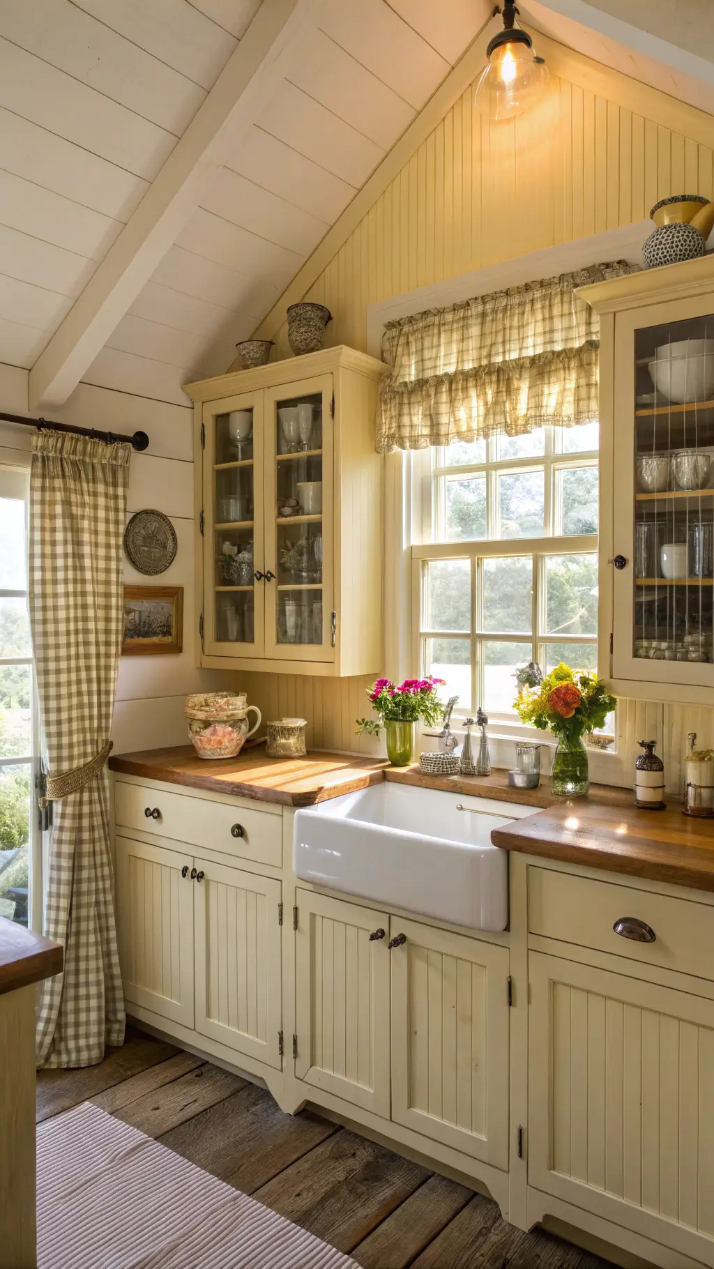 Cozy cottage-style kitchen with yellow beadboard cabinets, vintage dishware, wooden countertops, gingham curtains, and a view of afternoon sunlight casting a warm glow.