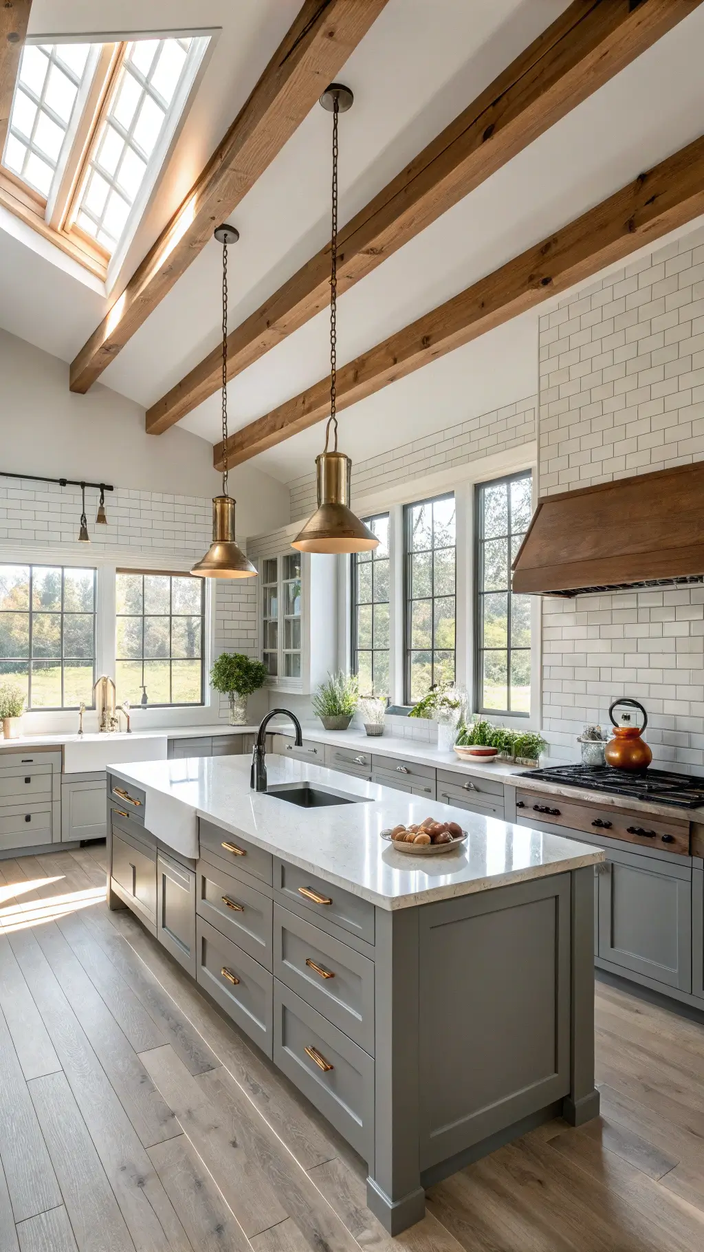 Modern farmhouse kitchen with light gray cabinets, white quartz countertops, large island with charcoal gray cabinet, brass hardware, and pendant lights, cream subway tile backsplash, white oak flooring, and fresh herbs in terracotta pots, bathed in early morning sunlight.