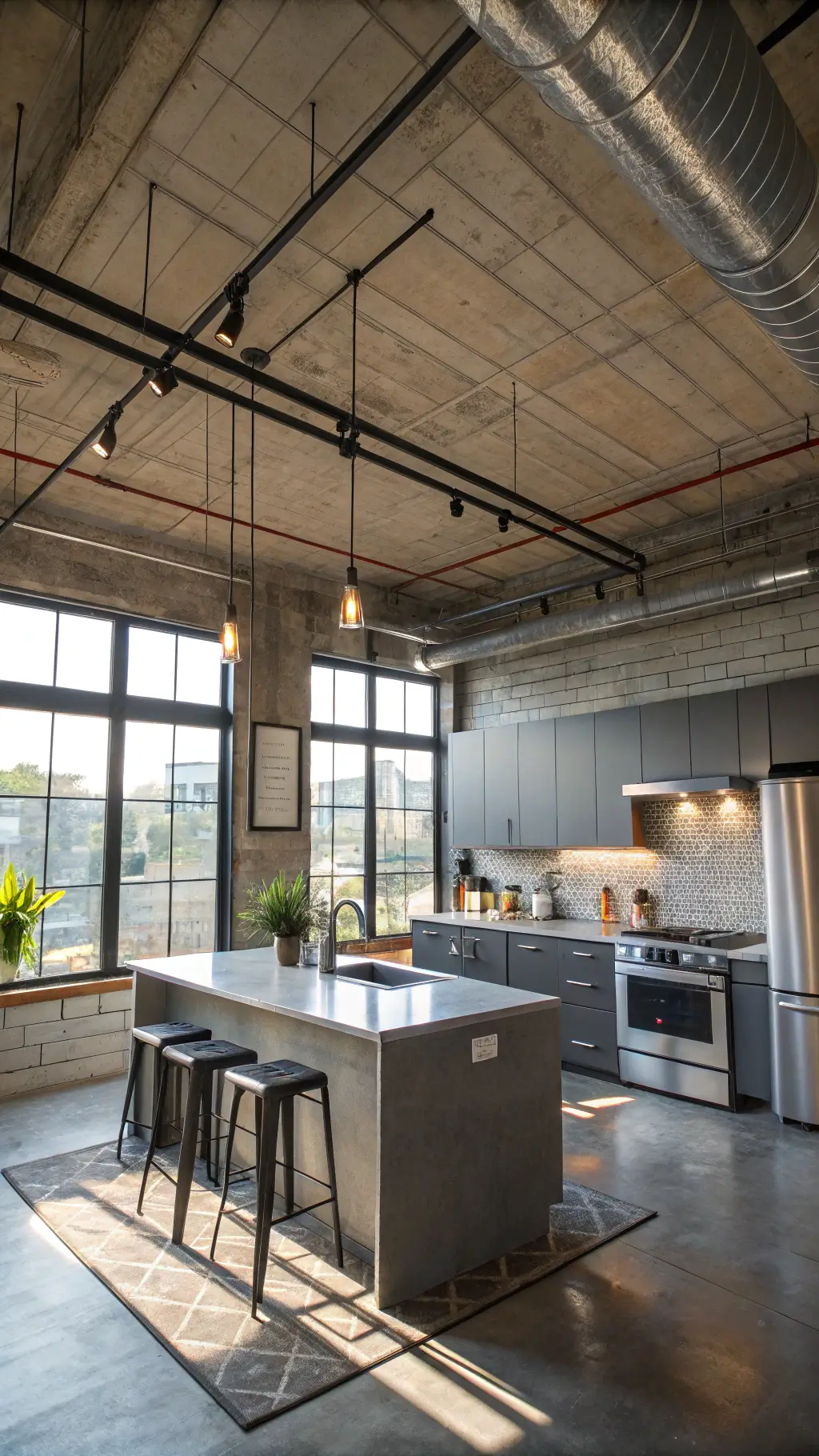 Edgy, urban loft kitchen with concrete ceilings, slate gray cabinets, stainless steel appliances, and floating island under warm Edison bulb lights, illuminated by late afternoon light through steel windows