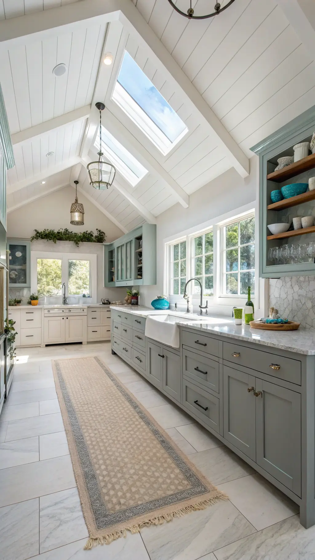 Contemporary coastal kitchen with gray cabinets, Carrara marble counters, white oak open shelving, blue subway tile backsplash, and limestone floors under soft midday light