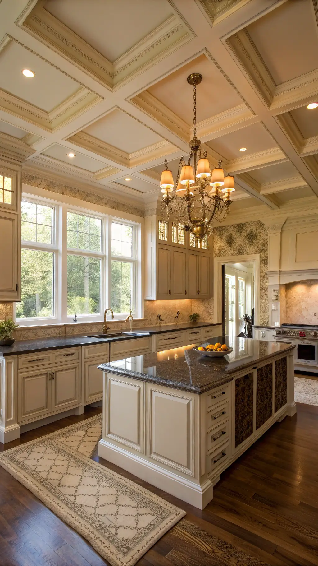 Elegant traditional kitchen featuring taupe-gray cabinets, dark granite counters, a herringbone marble backsplash, a crystal chandelier over an island, with warm lighting shining through divided light windows at golden hour.