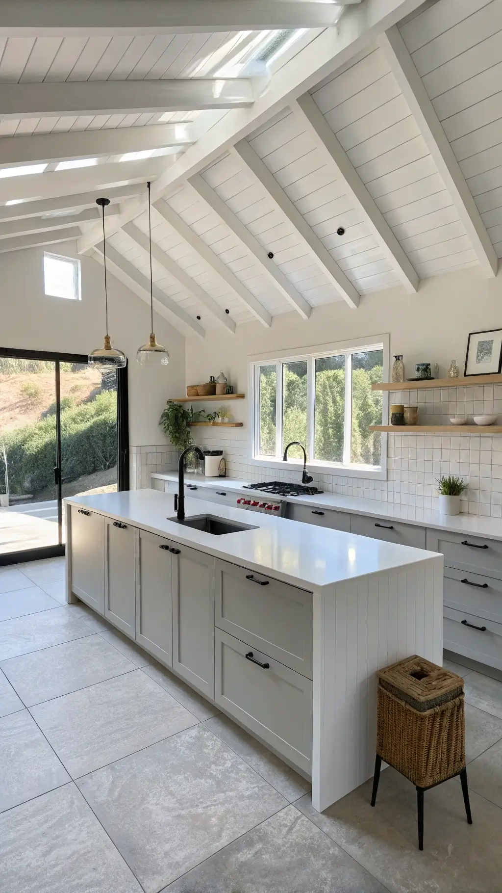 High angle view of minimalist Scandinavian kitchen with white rafters, light grey cabinets, white corian counters, matte black fixtures, pale ash shelves, penny tile backsplash and concrete floors