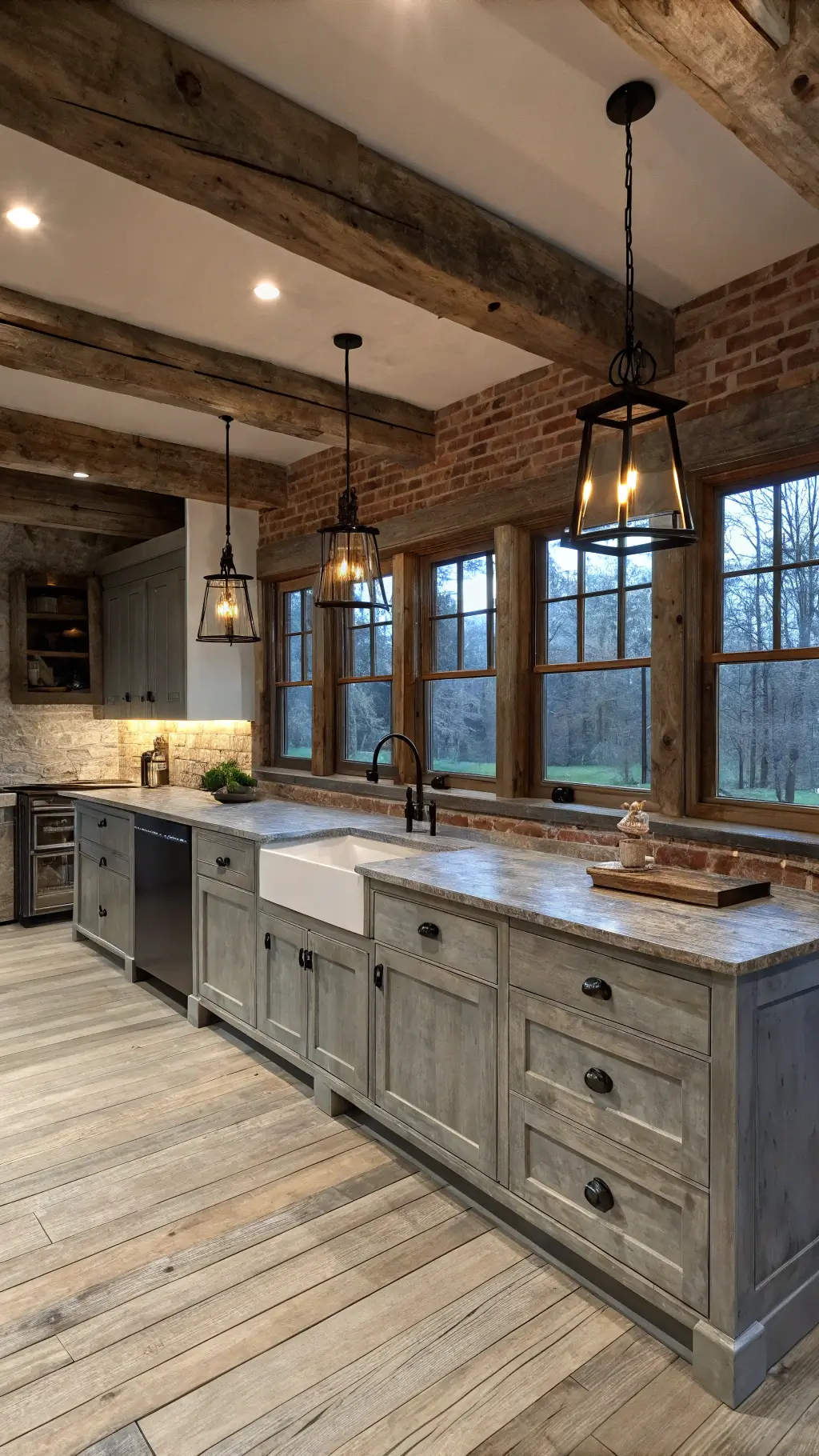 Rustic modern kitchen with wooden beams, large windows, gray cabinets, soapstone counters, copper lights, and brick backsplash