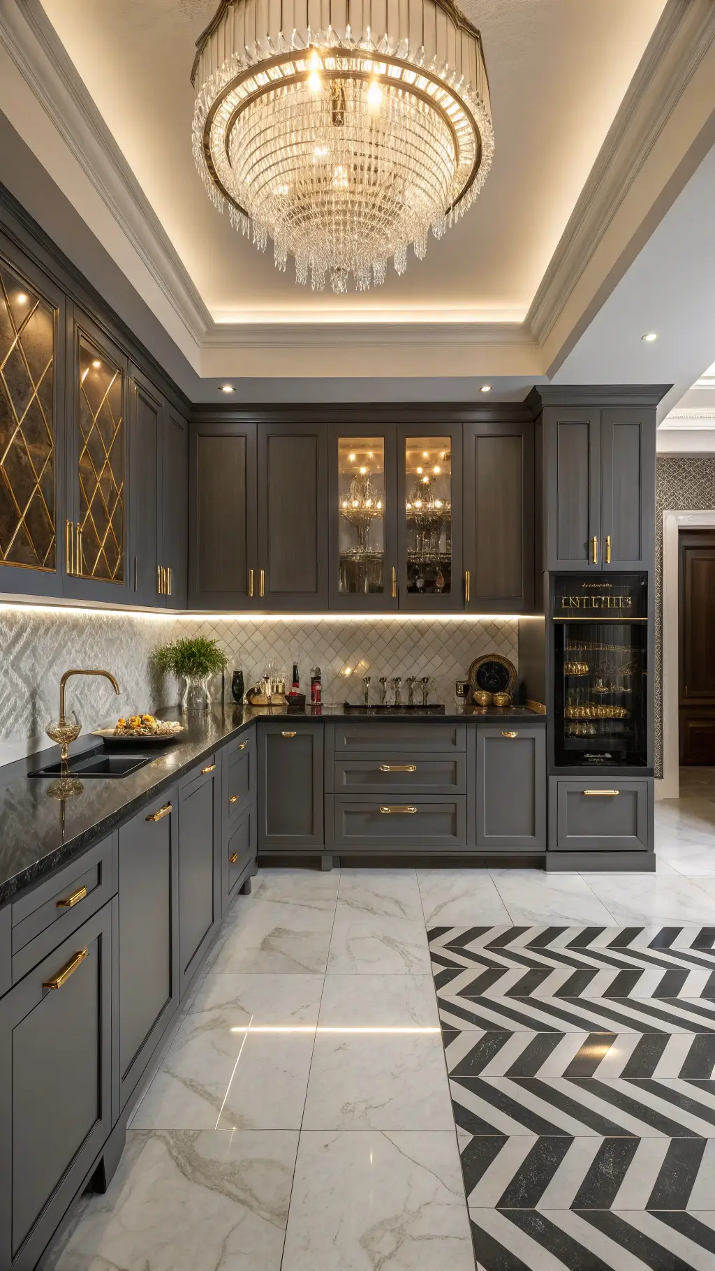 Art Deco glamour kitchen with charcoal gray cabinets, black granite counters, and chevron marble floors, lit by a chandelier and accent lighting