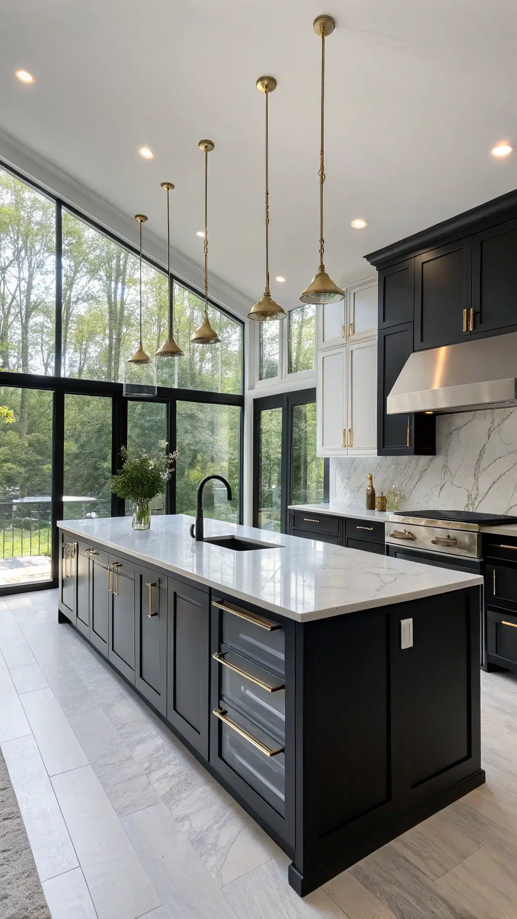 Modern kitchen with black cabinets, white quartz countertops, brass pendant lights, and marble backsplash, illuminated by morning light through large windows.
