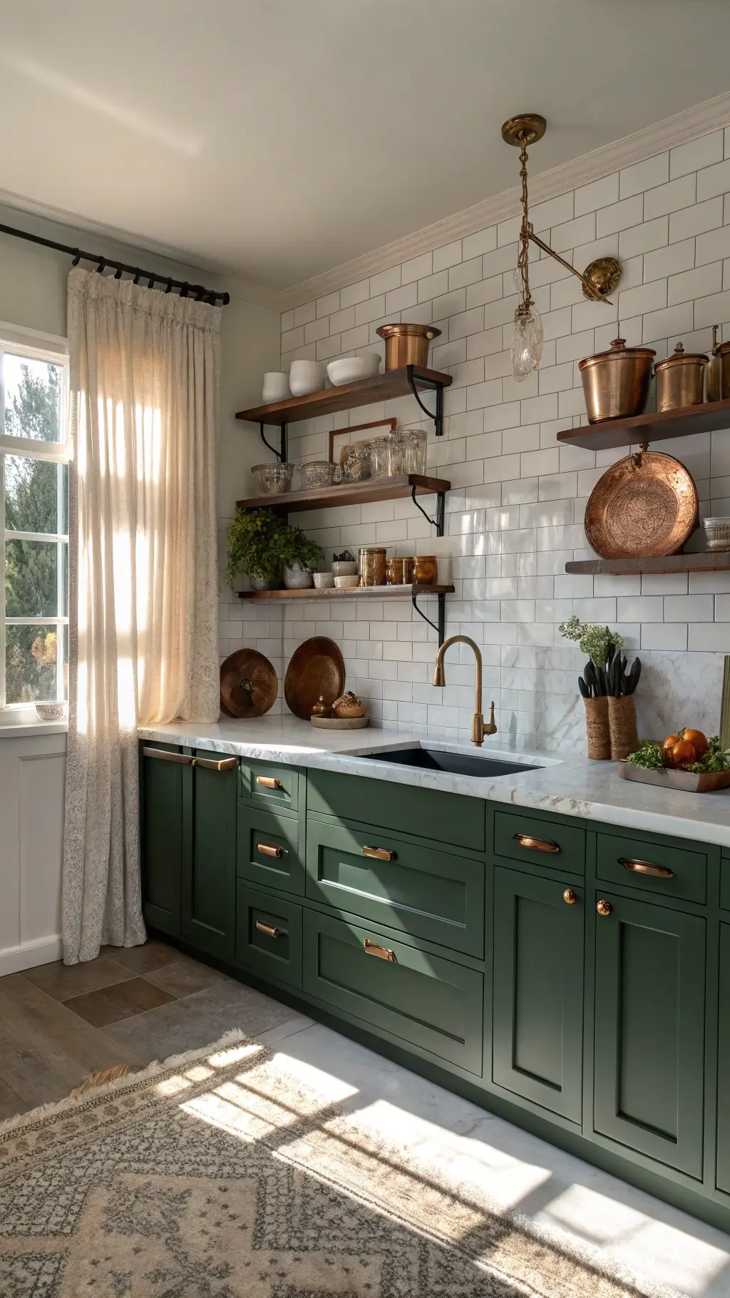Elegant L-shaped kitchen with forest green cabinets, cream marble countertops, and a herringbone tile backsplash, illuminated by the golden hour sunlight through sheer curtains.