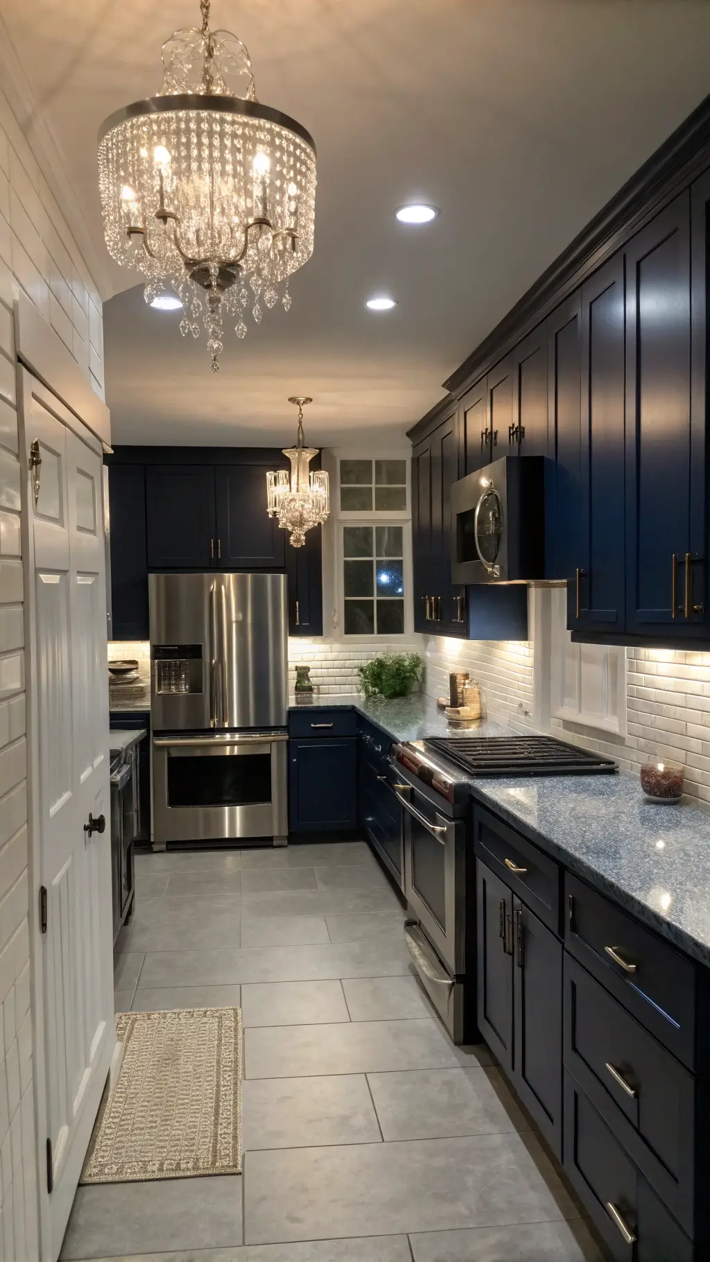 Transitional galley kitchen with navy blue shaker cabinets, black granite countertops, white subway tile backsplash, crystal chandelier lighting, and stainless steel appliances at dusk.