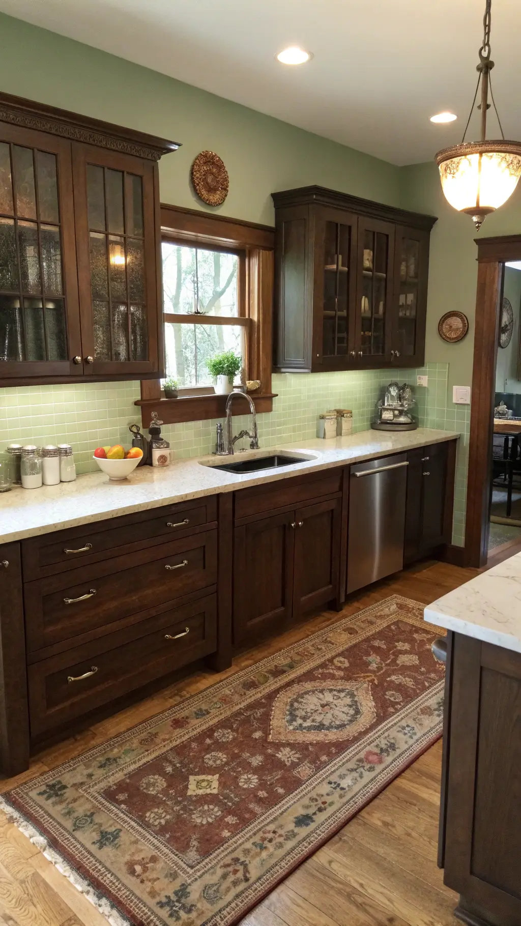 Cozy craftsman kitchen with chocolate brown cabinets, butcher block island, white soapstone counters, sage green walls, and vintage rugs in soft afternoon light.
