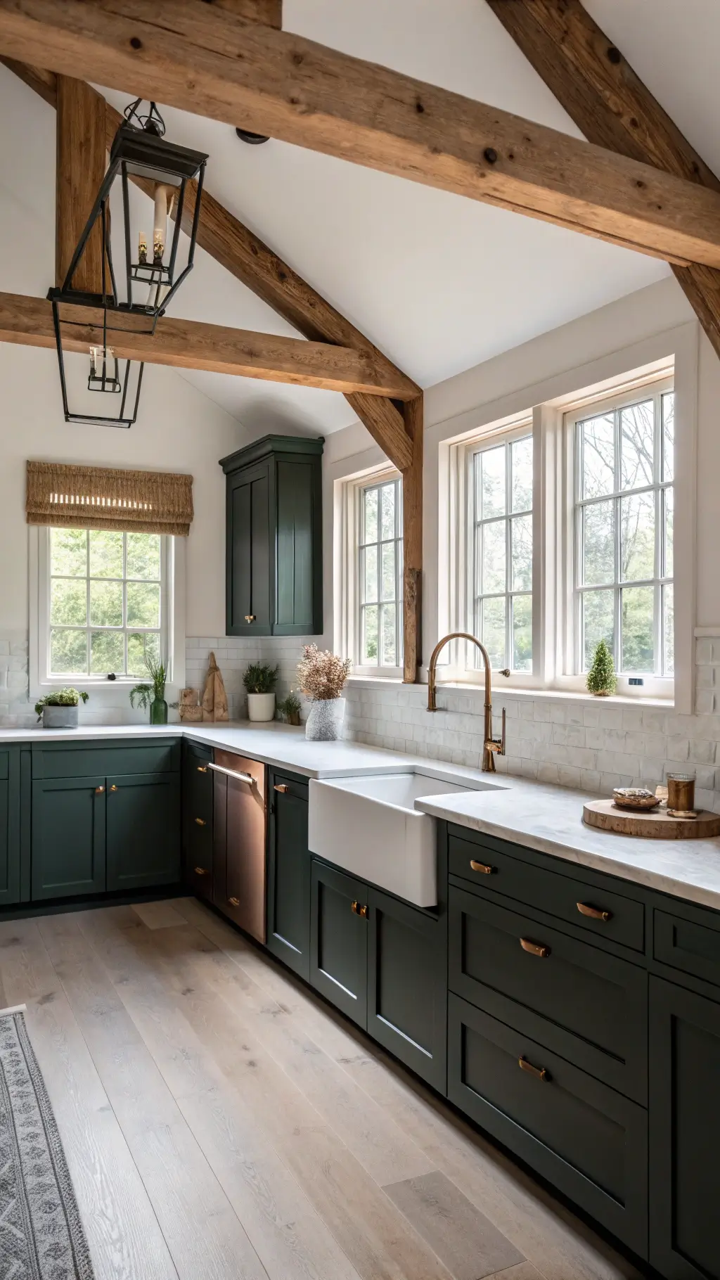 Farmhouse kitchen with forest green and cream cabinets, wooden beams, copper sink under divided light windows, and rustic white oak floors at midday, shot at counter height highlighting contrast between light and dark elements