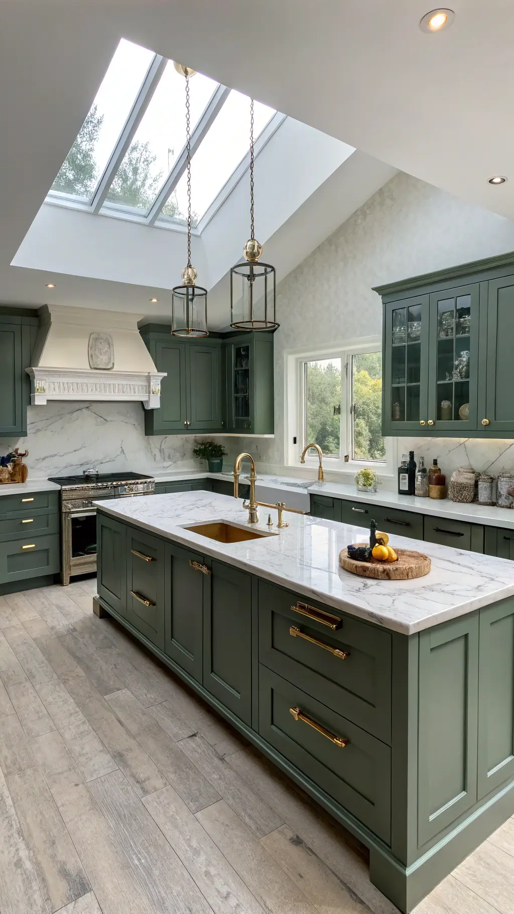 Mid-shot view of a transitional kitchen with pewter green cabinets, champagne gold hardware, skylight cathedral ceiling and white marble backsplash, featuring a weathered oak island, shot from dining entrance, styled with modern and traditional accessories.