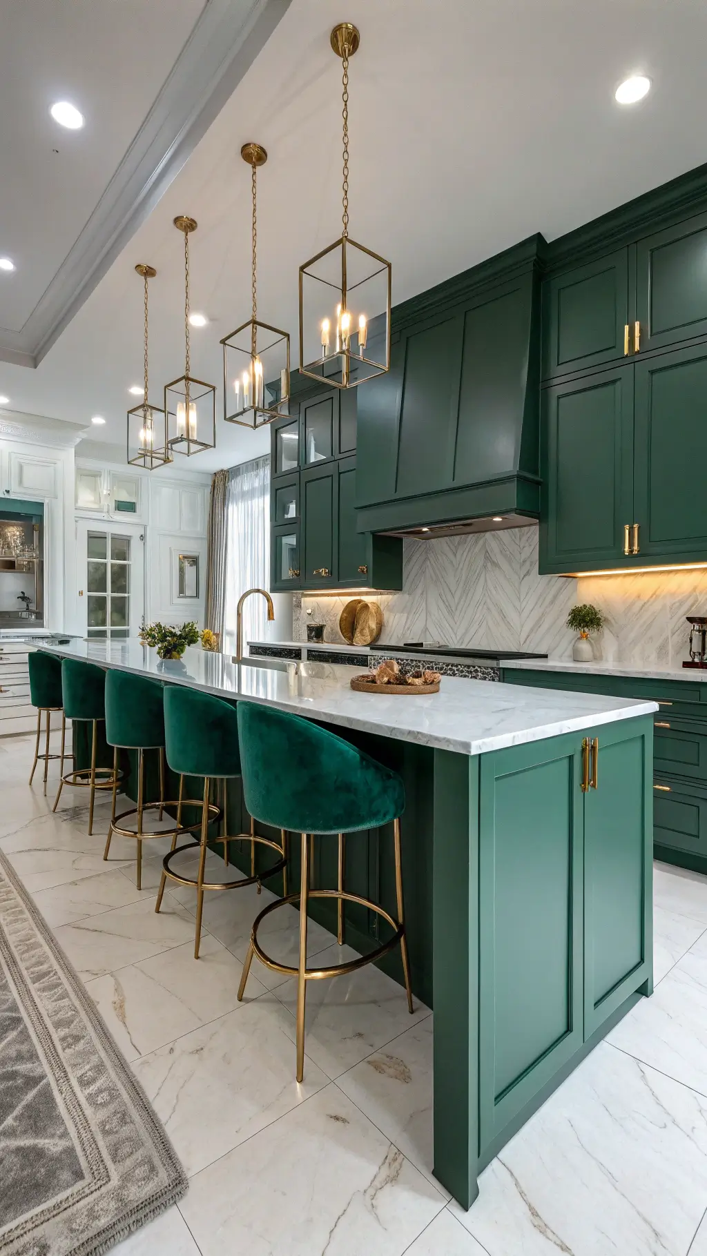 Opulent 14x16ft emerald green kitchen with decorative gold hardware, white textured backsplash, emerald barstools, and professional accent lighting.