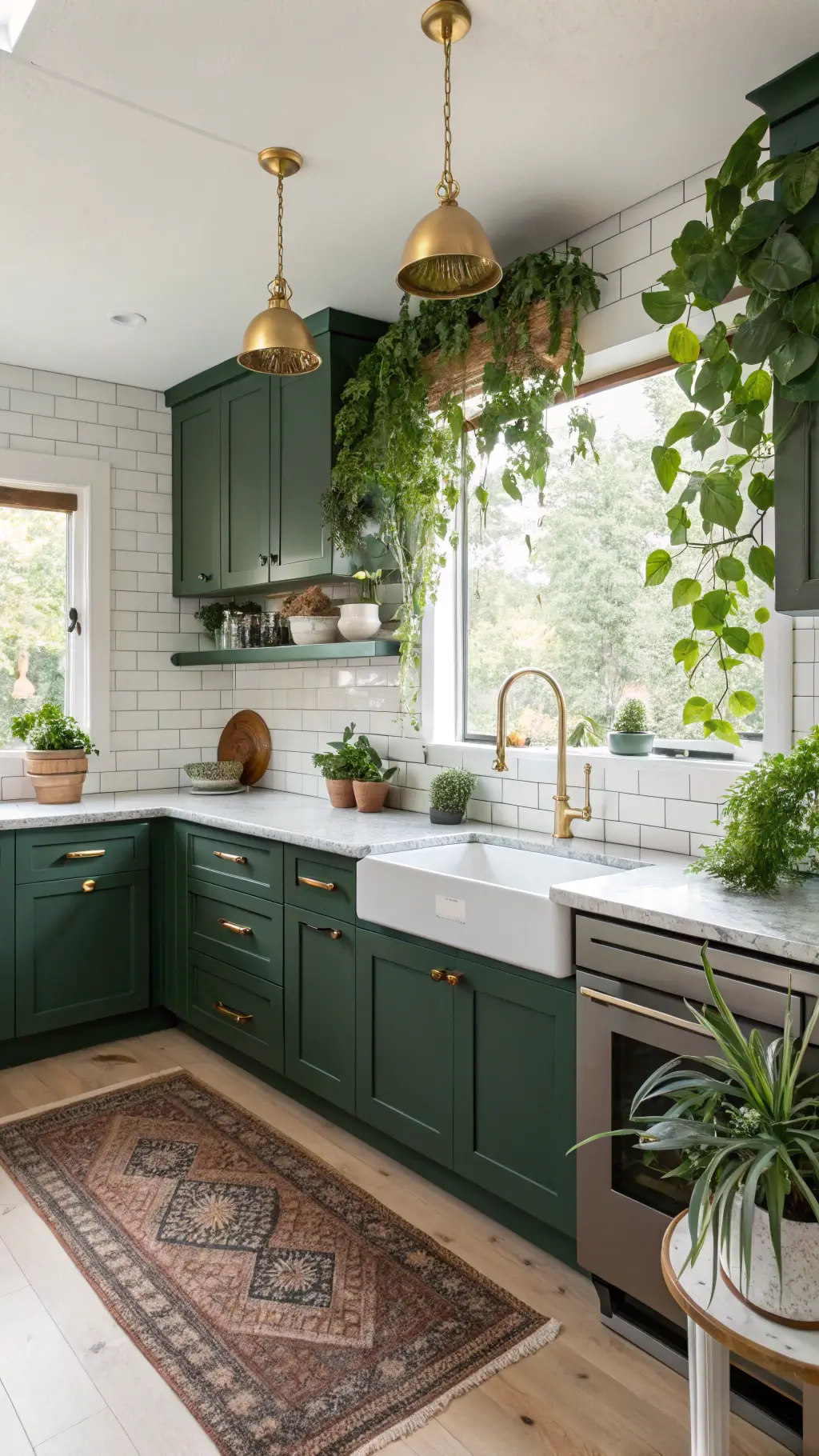Aerial view of a nature-inspired, compact kitchen boasting Benjamin Moore Forest Green cabinets, white subway tile and gold fixtures. Kitchen garnished with potted monstera, trailing ivy, and illuminated by warm pendant lights and natural midday sunlight.