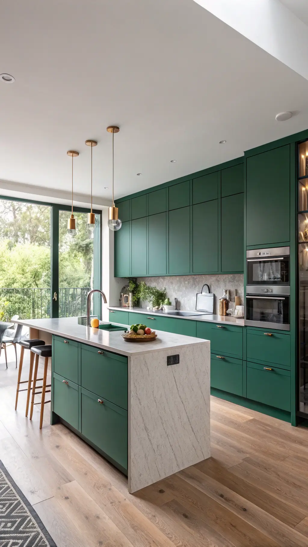 Bird's eye view of a clean, minimalist 16x14ft kitchen with emerald green cabinets, bleached oak waterfall island, mixed metals, and architectural grid lighting.