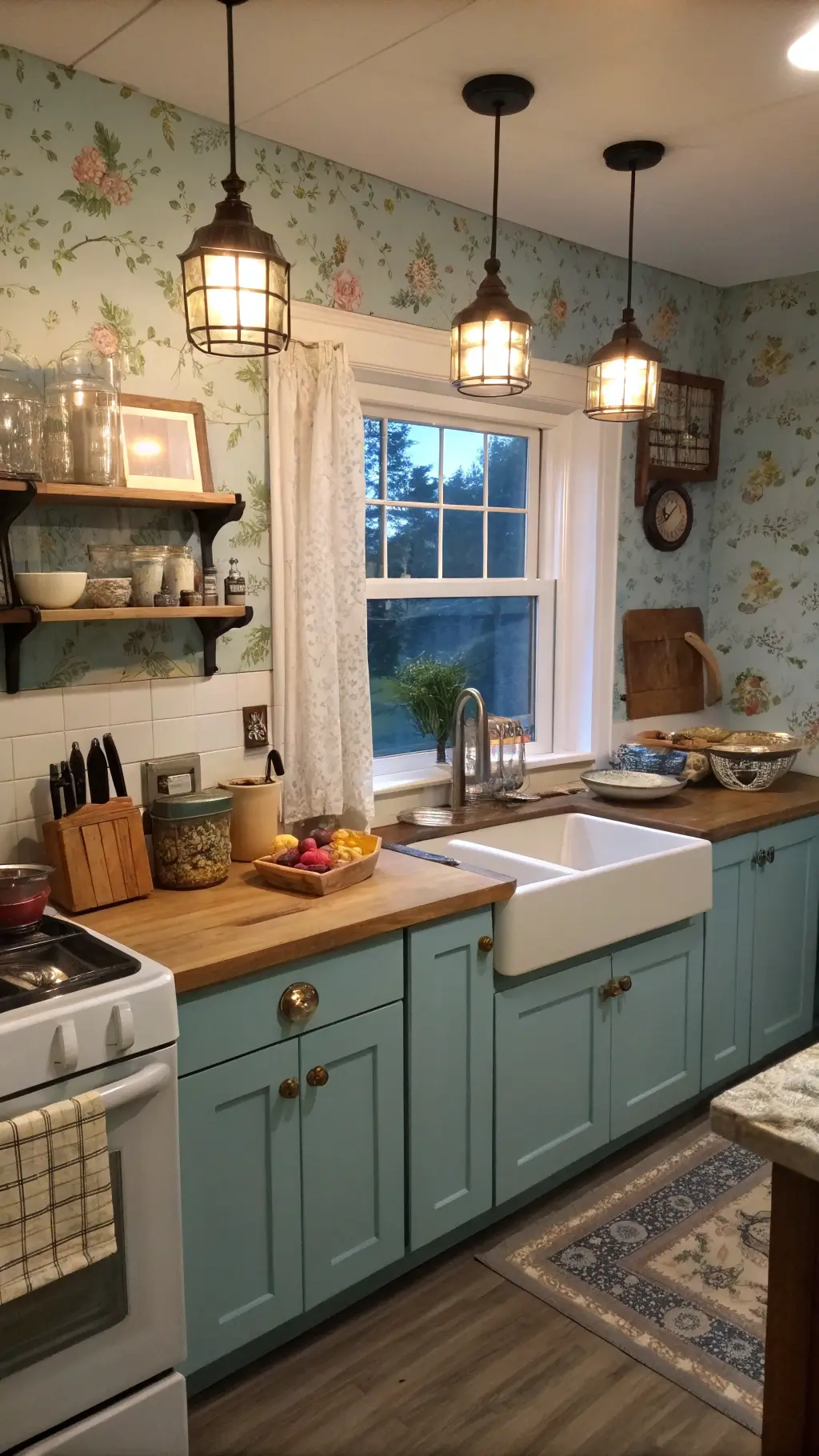 A cozy twilight kitchen scene showcasing robin's egg blue cabinets, floral wallpaper, vintage pendant lights illuminating a butcher block island with ceramic bowls, proof box, rolling pins, wooden spoons, and framed cross-stitch samplers above a porcelain sink.