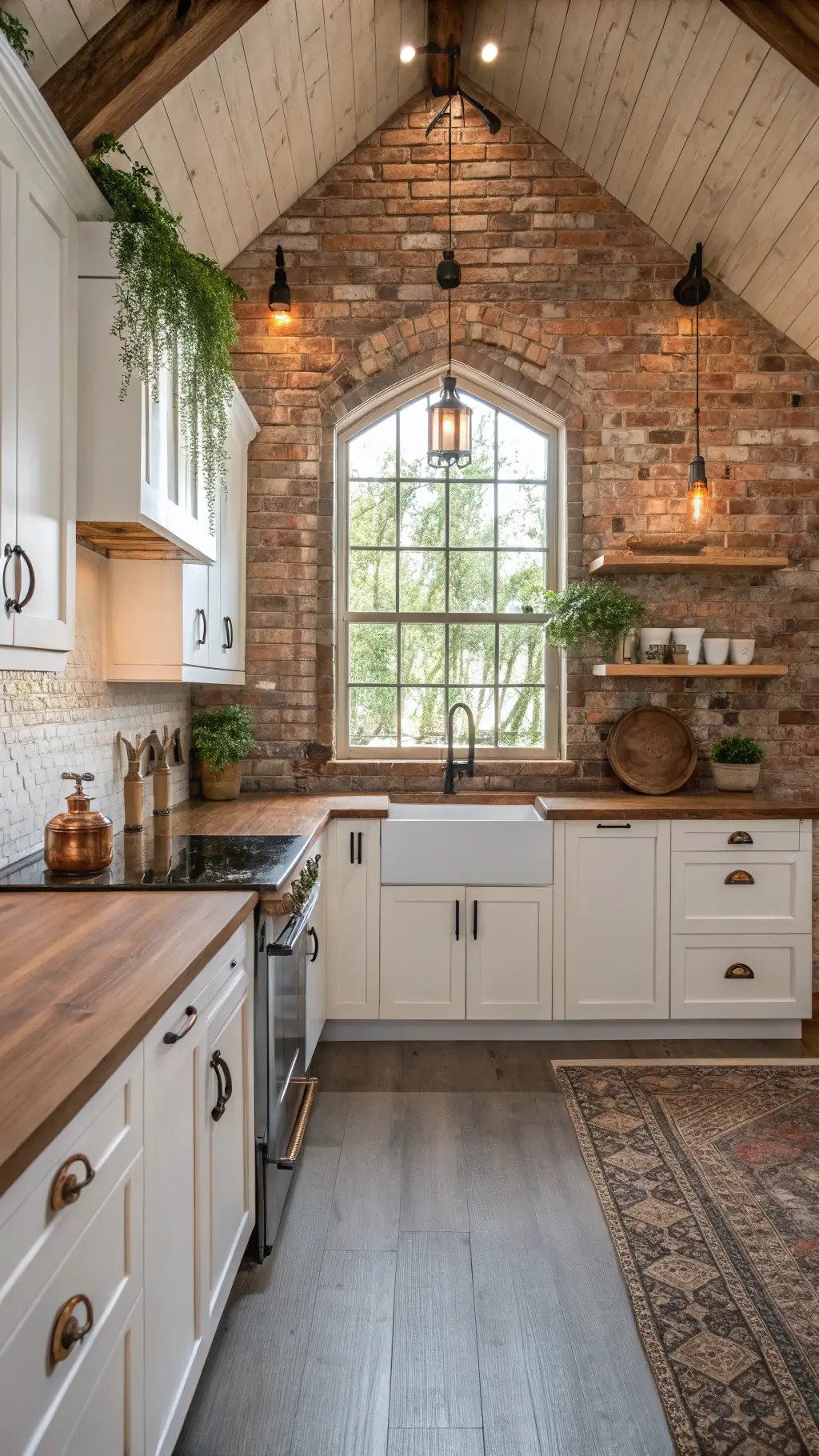 Modern rustic kitchen featuring exposed brick wall, white upper and reclaimed wood base cabinets, wooden cathedral ceiling, mixed metal fixtures, and large farmhouse sink under a window; styled with vintage elements and greenery.