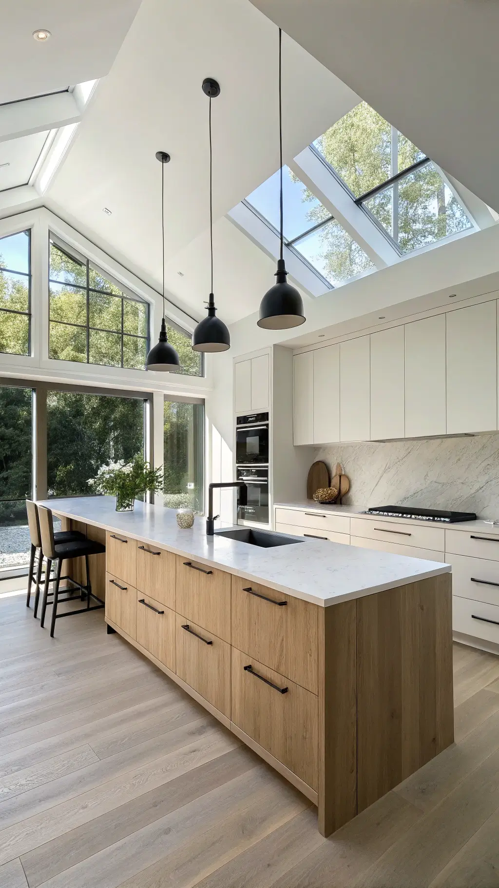 Bright, spacious Scandinavian kitchen with light oak cabinets, white quartz countertops, minimalist black pendant lights over island, and large east-facing windows letting in abundant morning light.