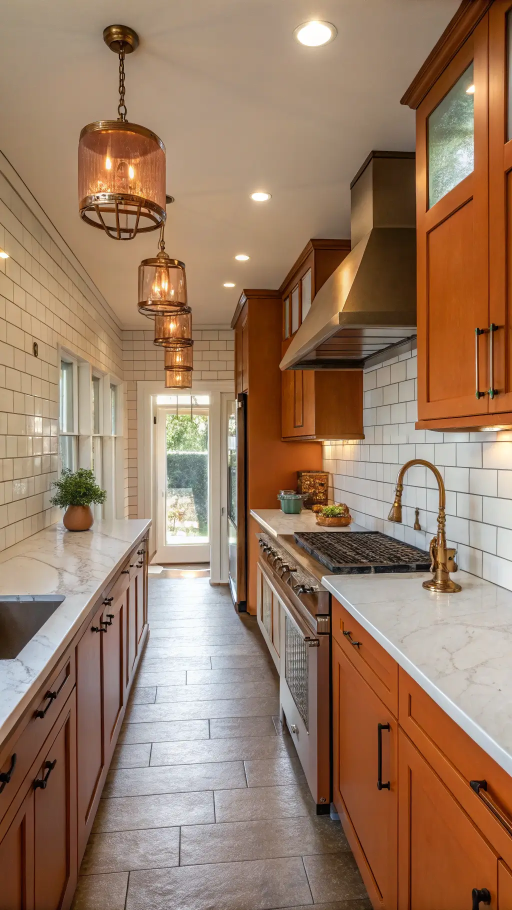 Warm afternoon sunlight highlighting burnt orange shaker-style cabinets and marble countertops in an intimate 10x12ft kitchen, with vintage copper pendant lights and various artisanal pottery and woven textiles adding a rustic touch.