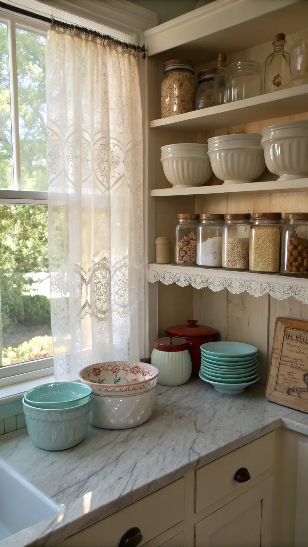 Vintage kitchen corner with open shelving displaying pastel pyrex collection, marble pastry board and ceramic bowls on lower counter, and mason jars filled with baking essentials, with a soft-focus detail on shelf items.
