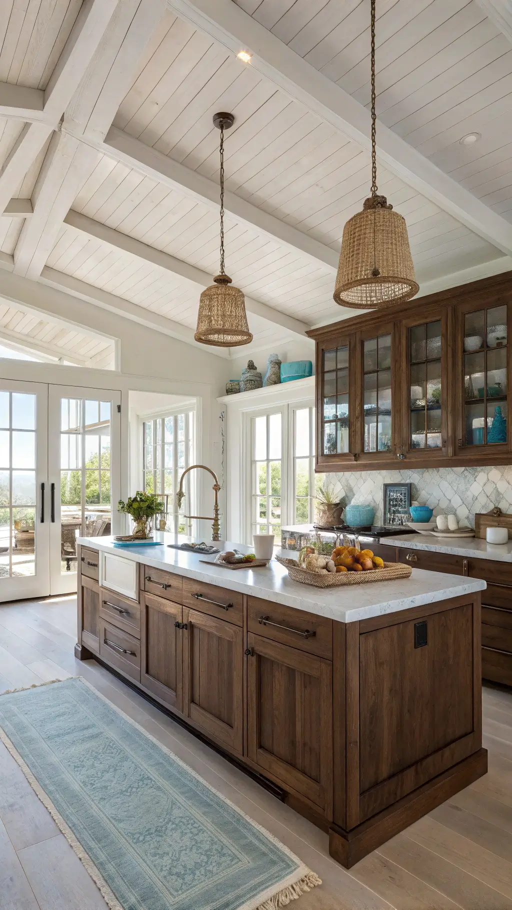 Bright morning light illuminating a coastal kitchen with dark walnut cabinets, reed glass inserts, organic soapstone counters, white oak floors, rattan pendant lights, and decorative items like blue and white ceramics, natural coral and linen textiles.