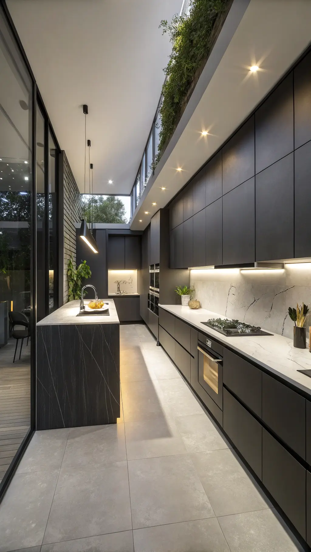 High-angle view of a modern, compact European kitchen with charcoal cabinets, thin porcelain countertop on a floating island, bright white and black accents, and dramatic accent lighting.