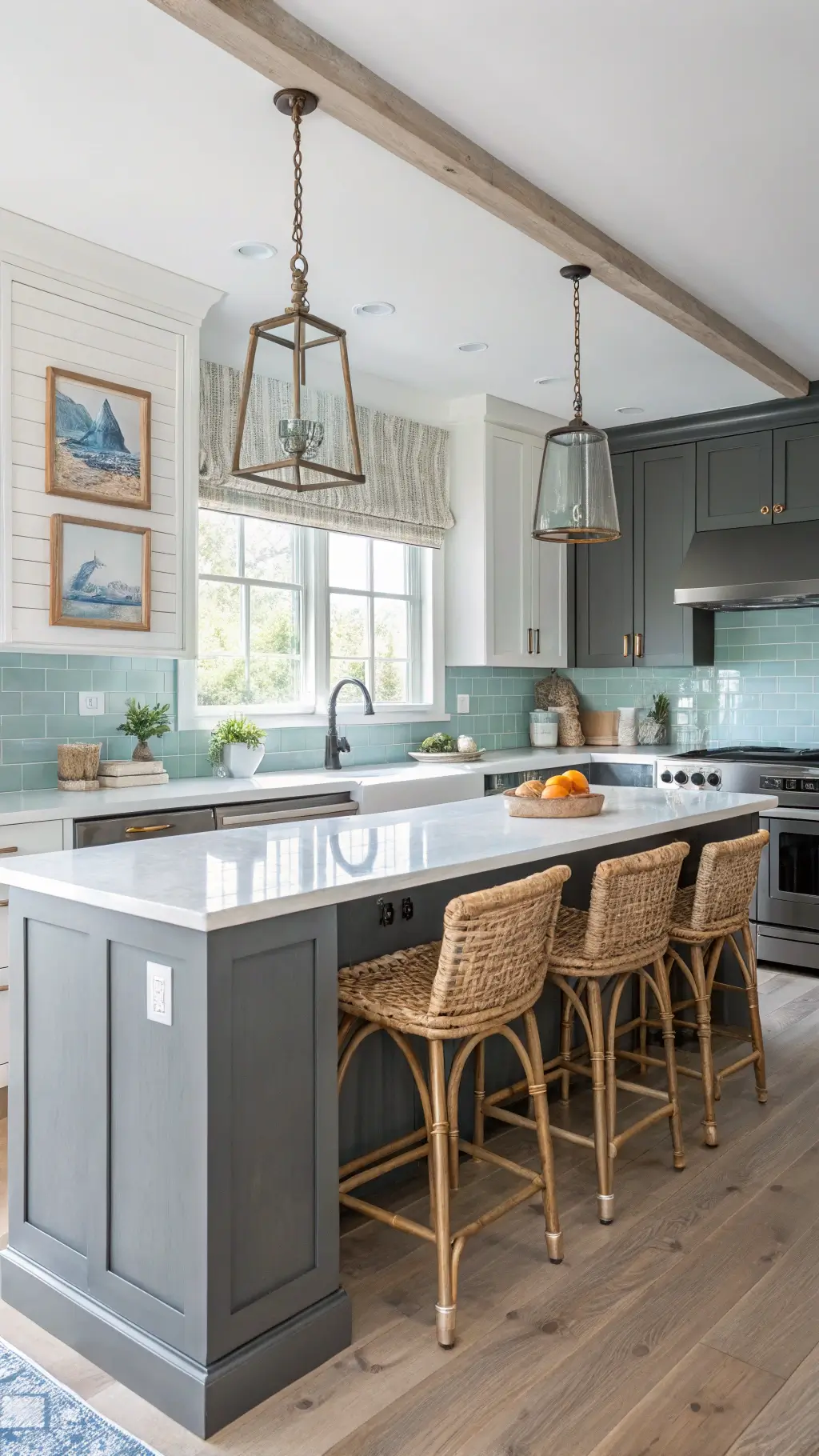 Bright, airy 16x13ft contemporary kitchen with charcoal gray cabinets, white quartz counters, pale blue backsplash, rattan barstools, bleached oak floors, and coastal inspired décor illuminated by natural daylight.