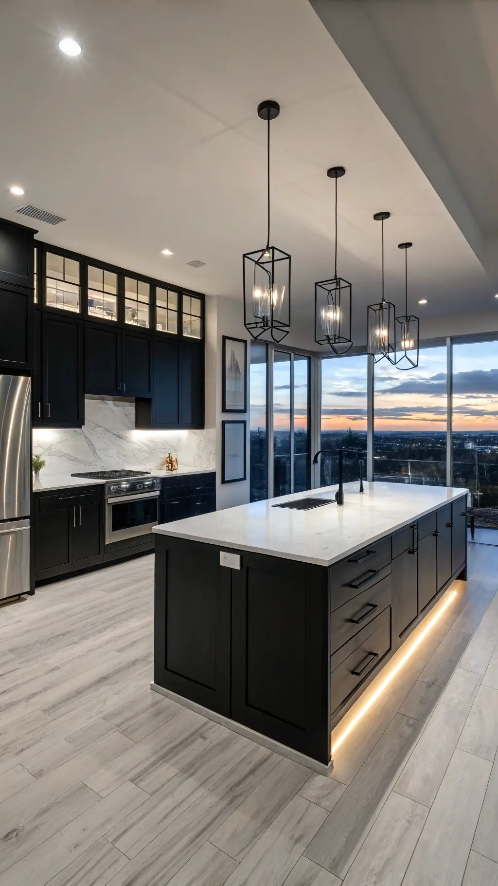 Elevated view of a modern open-concept kitchen with black cabinets, stark white island, geometric pendant lights, and floor-to-ceiling windows reflecting city lights at dusk.
