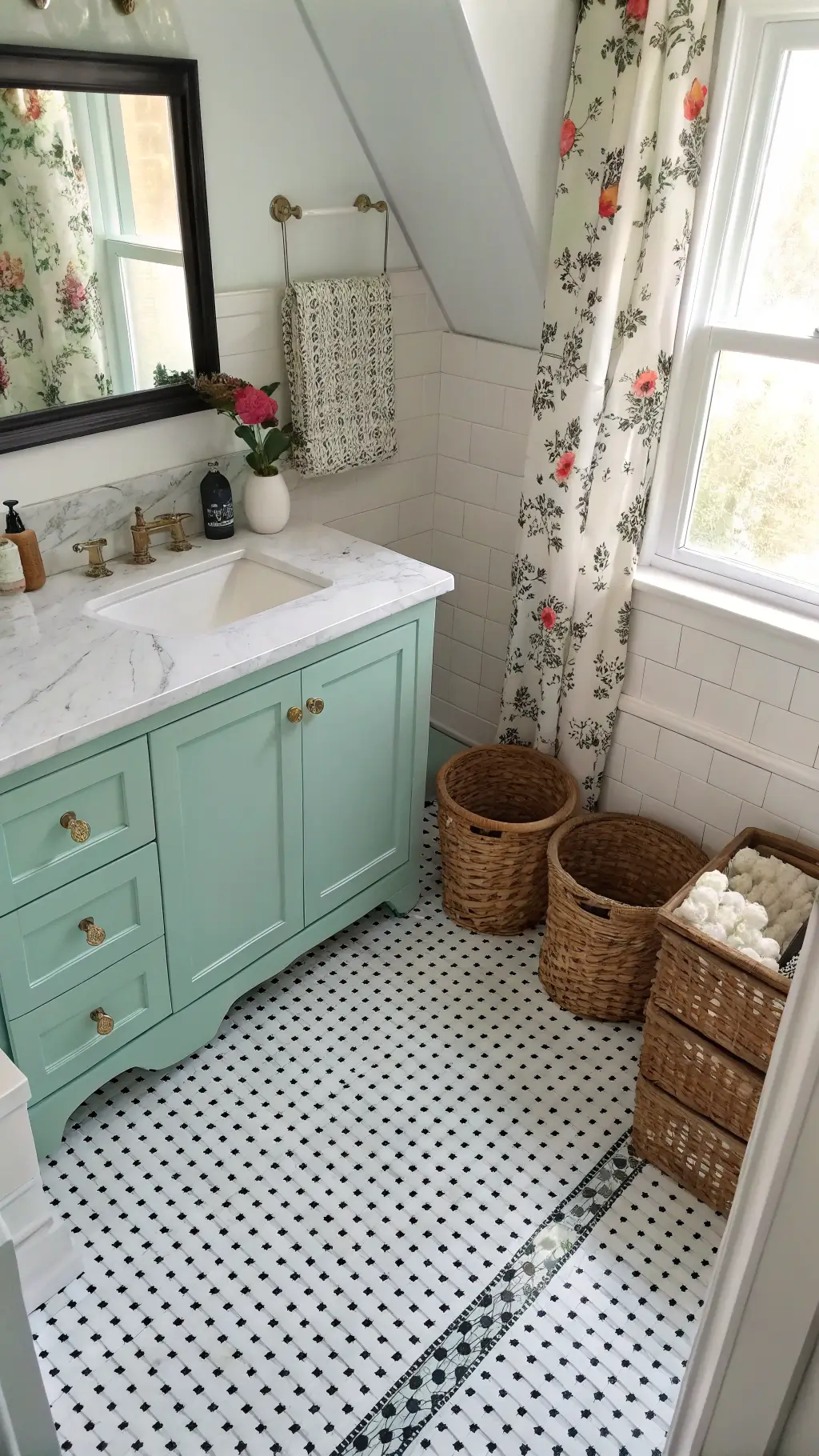 Bird's eye view of a 10x12ft bathroom illuminated by afternoon light showcasing a black and white penny tile floor, mint green vanity with marble top and vintage glass canisters, floral curtains around casement windows, and rattan storage baskets.