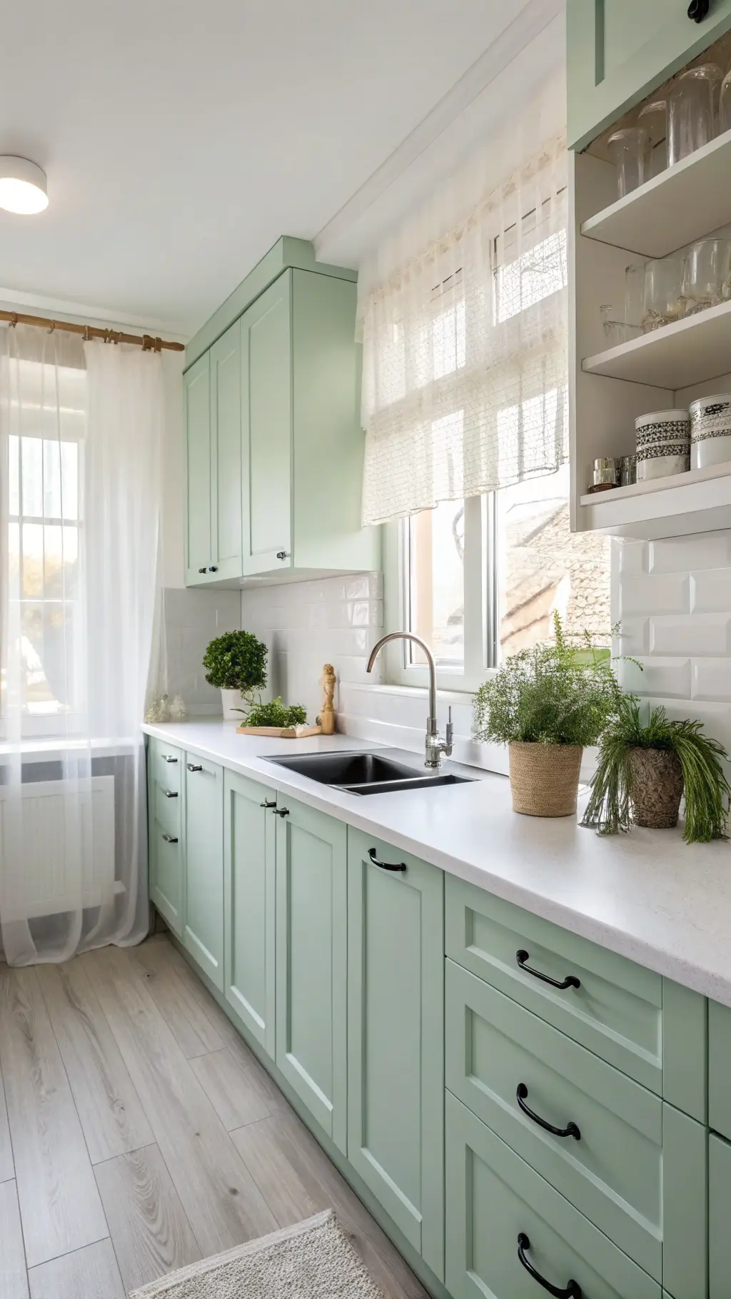 Bright, airy 10x12ft kitchen with mint green cabinets, white quartz countertops, chrome hardware, potted herbs on windowsill, and pale wooden open shelves, captured from corner with wide-angle lens.