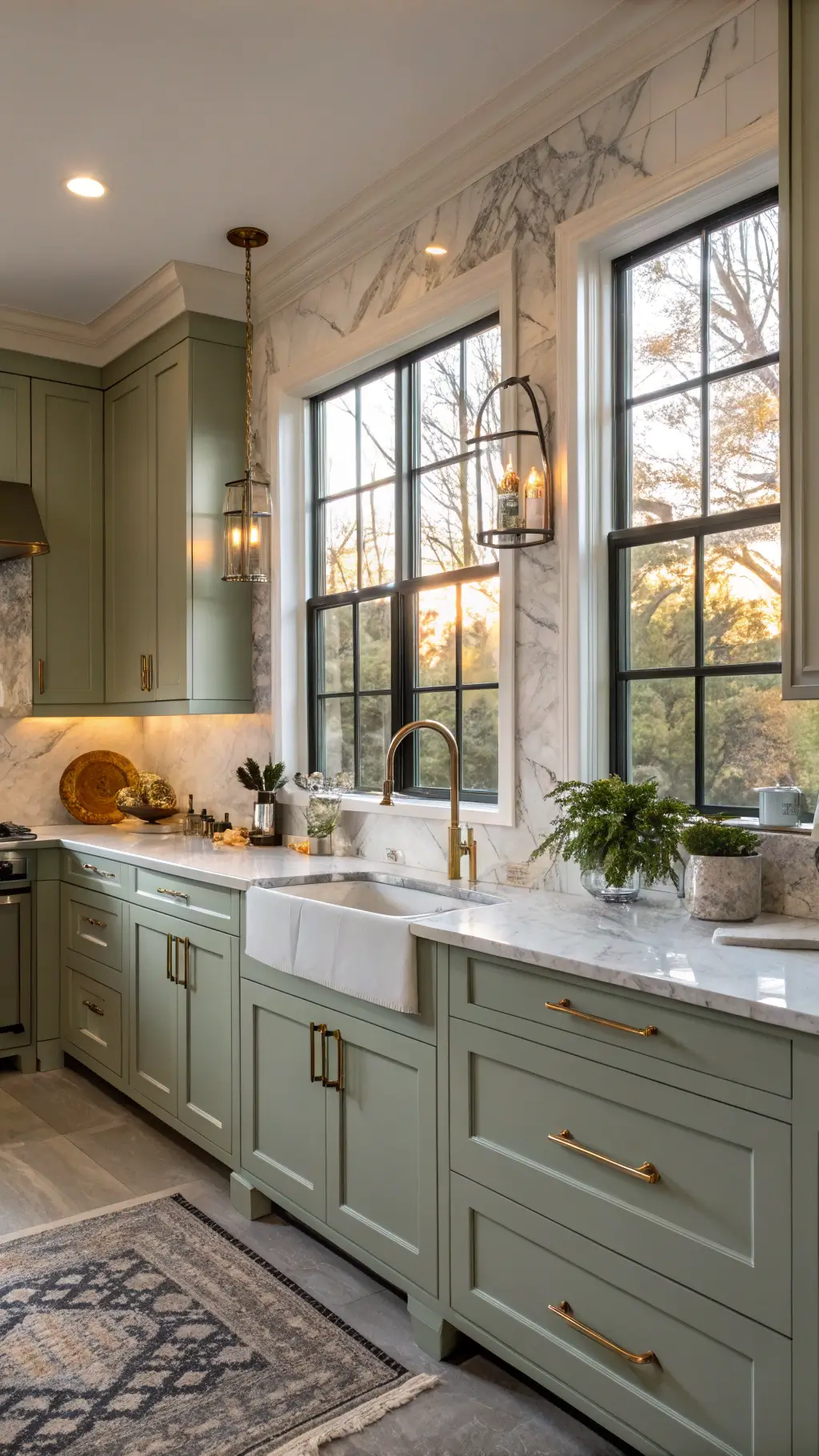 Luxurious kitchen with October Mist green cabinets, marble backsplash, brushed gold faucet, and matte black handles bathed in golden hour light from western windows, styled with white ceramics and natural linen textiles
