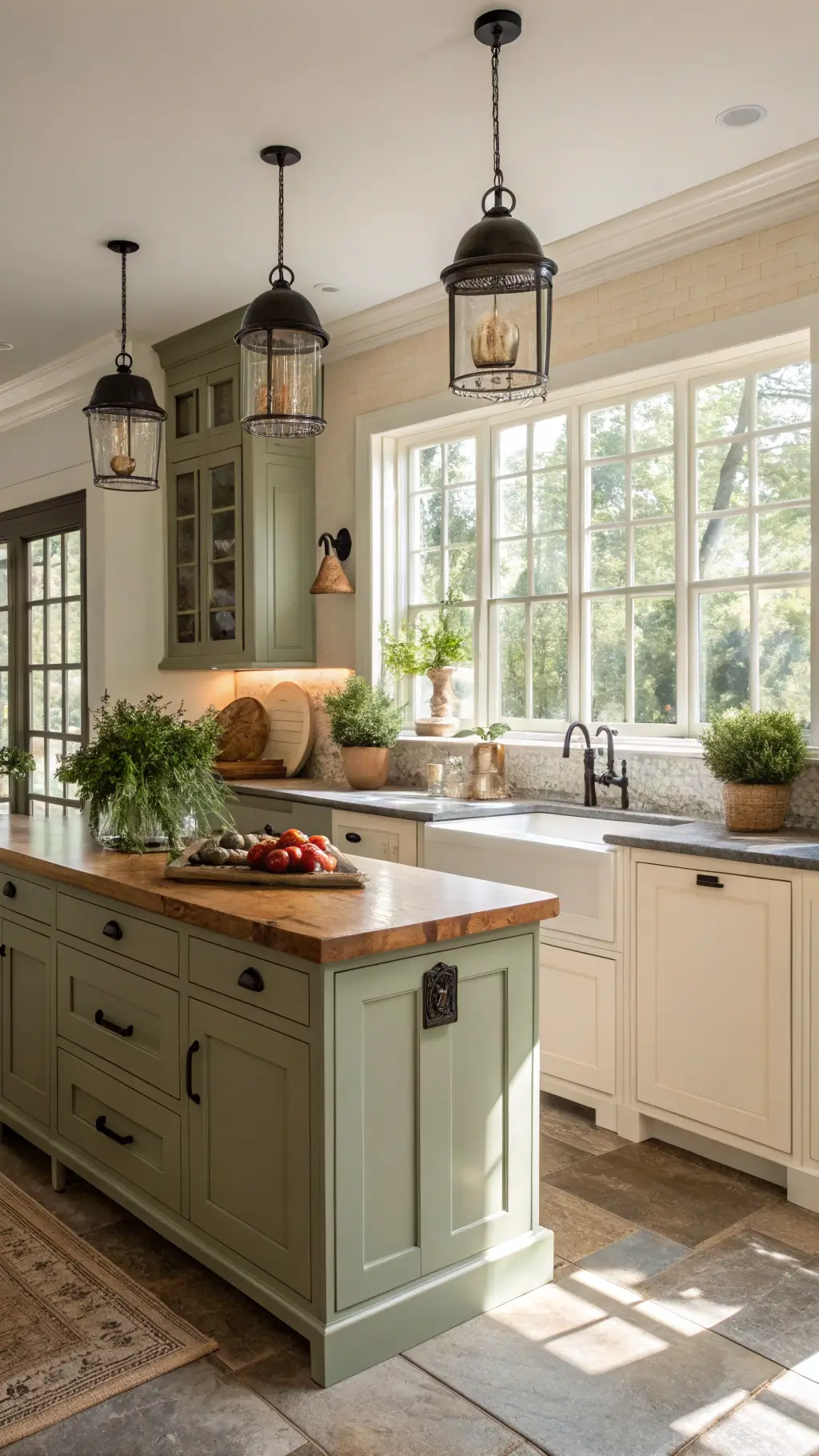 Sunlit farmhouse-inspired kitchen with sage green cabinets, cream island, butcher block countertops, and vintage-style pendants, styled with an antique copper collection and fresh greenery