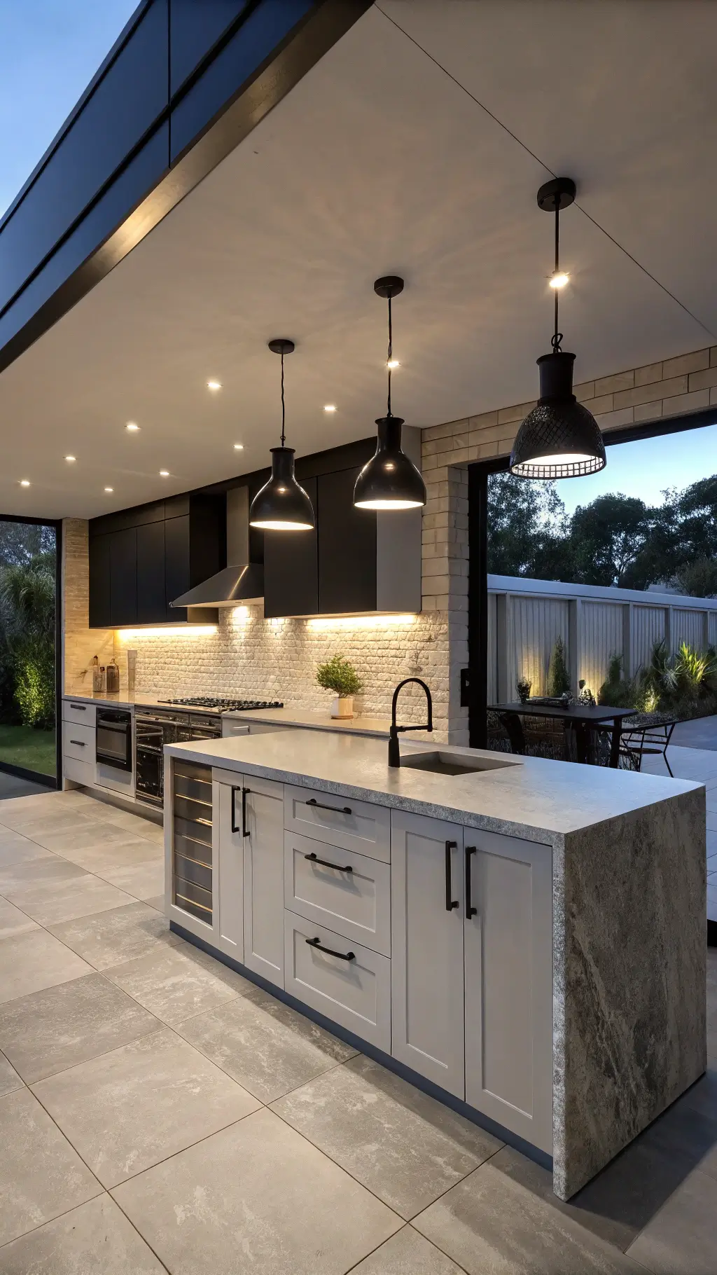 Bird's eye view of a contemporary 22x14ft kitchen with industrial accents, featuring high-gloss light gray upper cabinets, matte black lower cabinets, a concrete-style island, and black pendant lights, under dramatic dusk lighting.