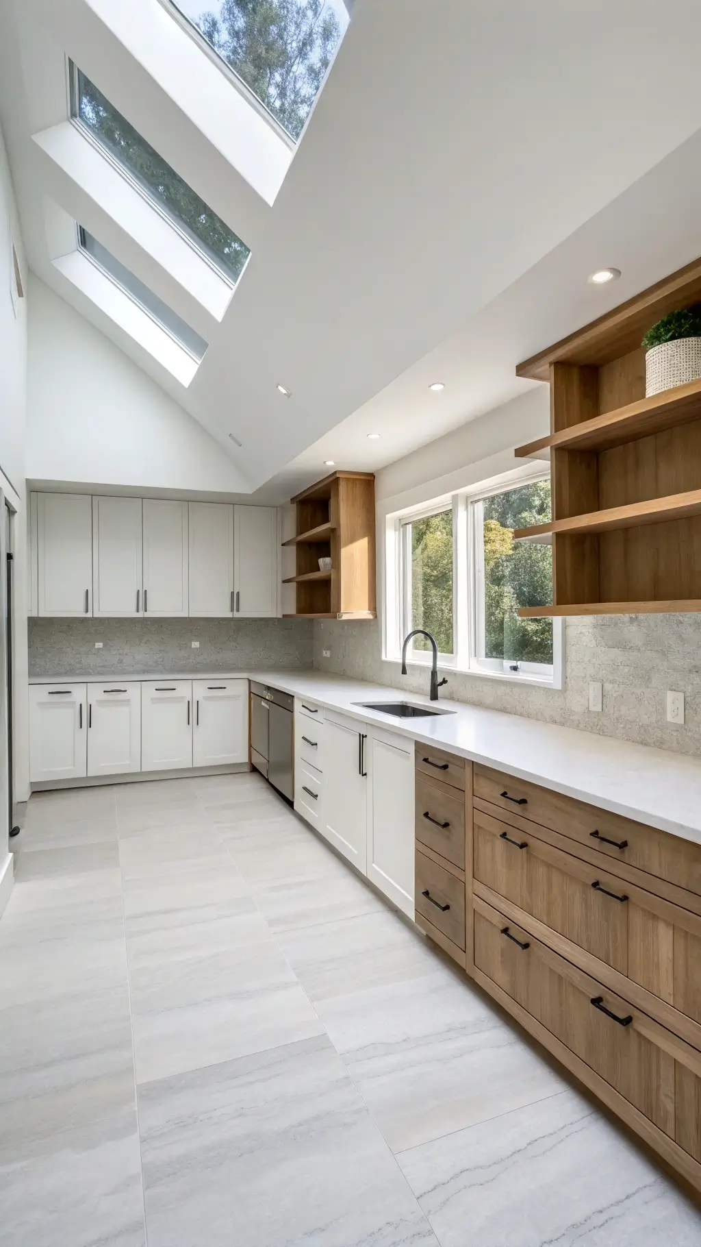 Minimalist 16x14ft kitchen featuring pure white upper cabinets, warm gray lower cabinets, floating wood shelves, seamless white quartz countertops, and light gray micro-cement flooring; illuminated by morning light from clerestory windows.