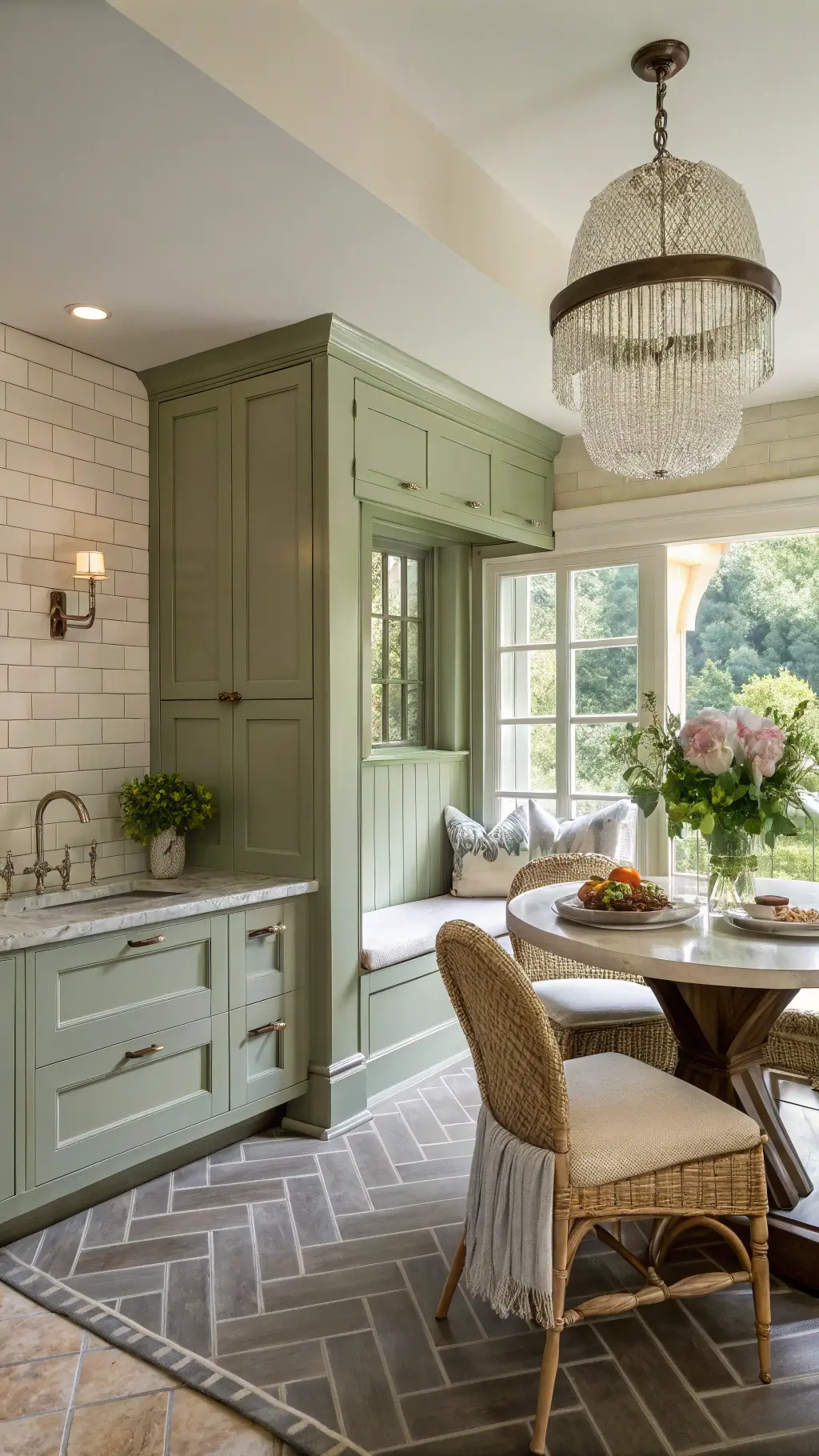 Sun-drenched breakfast nook with sage green beadboard kitchen cabinets, honed limestone countertops, cream and gray herringbone tile floor, and crystal chandelier casting prismatic light. Styling includes fresh flowers, vintage tea set, and woven textiles.