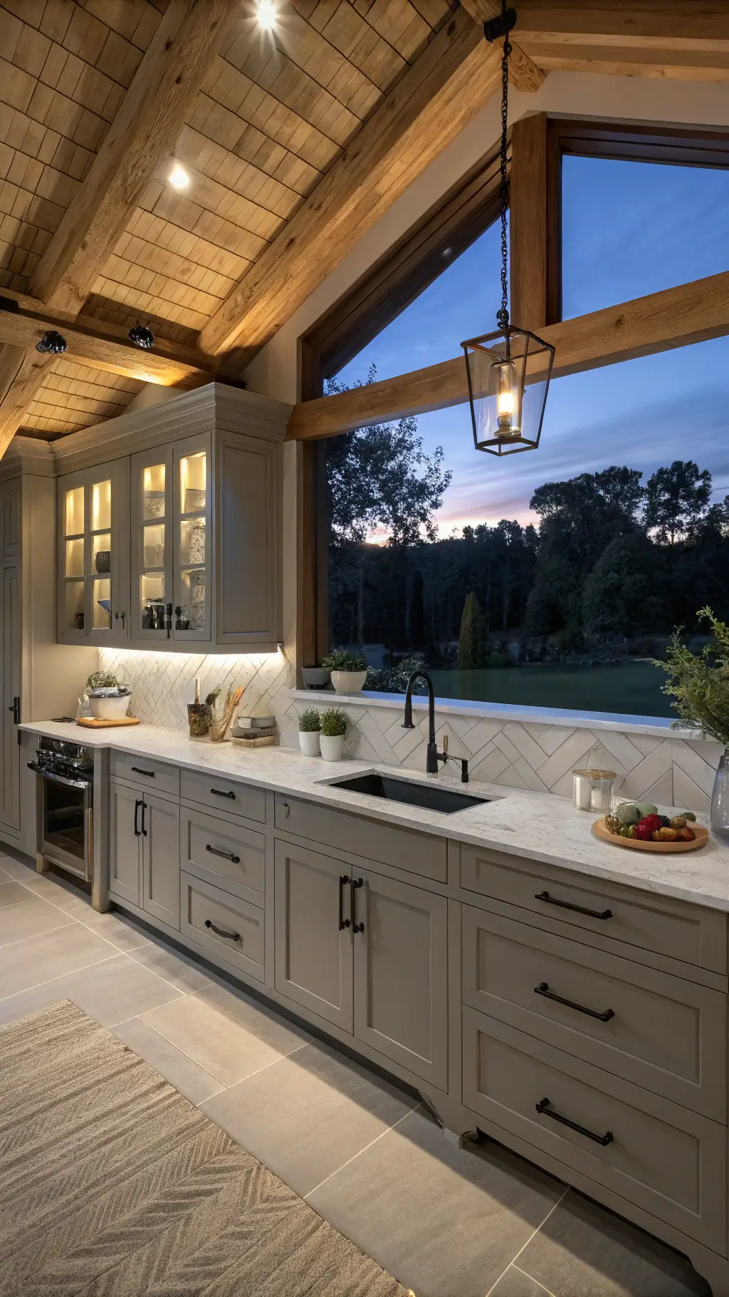 Cozy transitional grey kitchen with a cathedral ceiling, exposed beams, warm grey cabinets with black handles, herringbone marble backsplash, under-cabinet lighting, brass pendant lights, and decorative items during dusk.