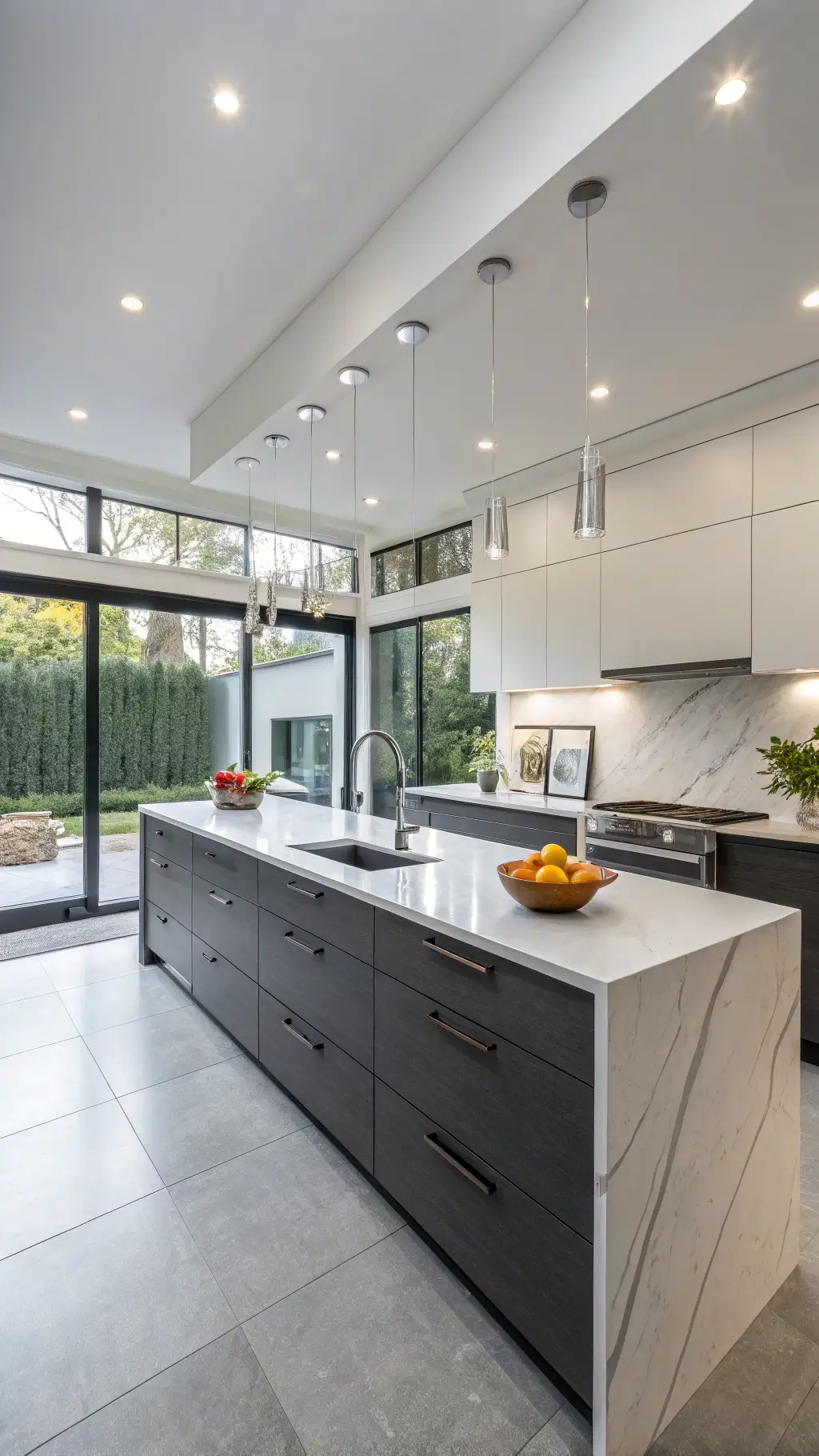 16x18ft contemporary two-tone kitchen with light grey upper cabinets, charcoal lower cabinets, floor-to-ceiling windows, bright white quartz waterfall island, minimal styling with geometric pottery and greenery, highlighted by integrated LED lighting