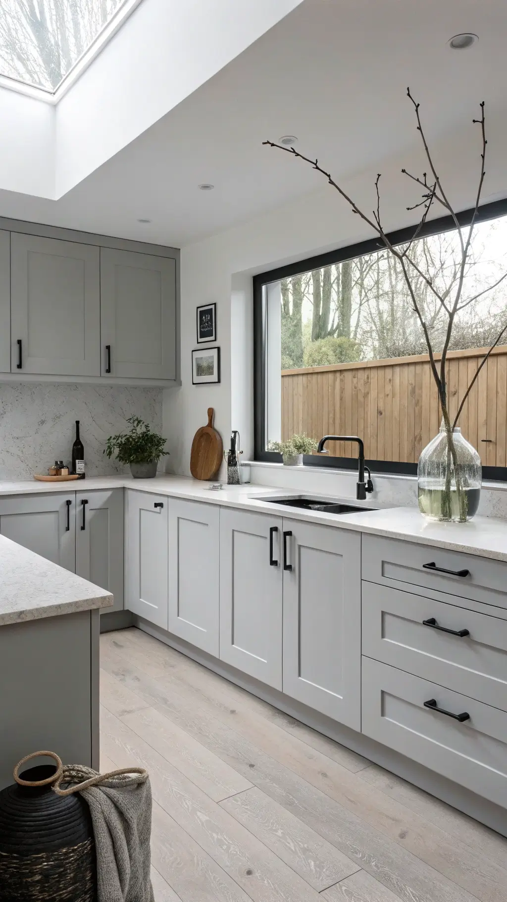 Neutral Scandinavian-inspired kitchen with light grey cabinets, white countertops, black hardware, and wooden accessories