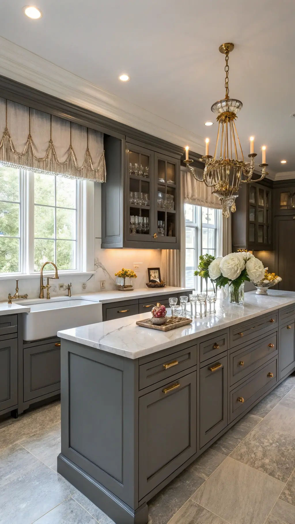 Low-angle view of an elegant, traditional 15x18ft kitchen with granite grey, shaker-style cabinets, Carrara marble countertops, antique brass hardware, a crystal chandelier over a 6ft island, built-in wine storage and glass-front cabinets displaying stemware. Shot taken during golden hour, highlighting high ceilings and millwork details.