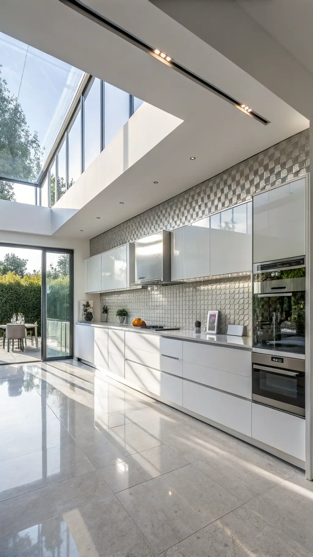 Spacious open-concept kitchen with high-gloss white lip-pull cabinets, geometric tile backsplash, and concrete elements, bathed in natural morning light from skylights, with monochromatic white and subtle grey tones.