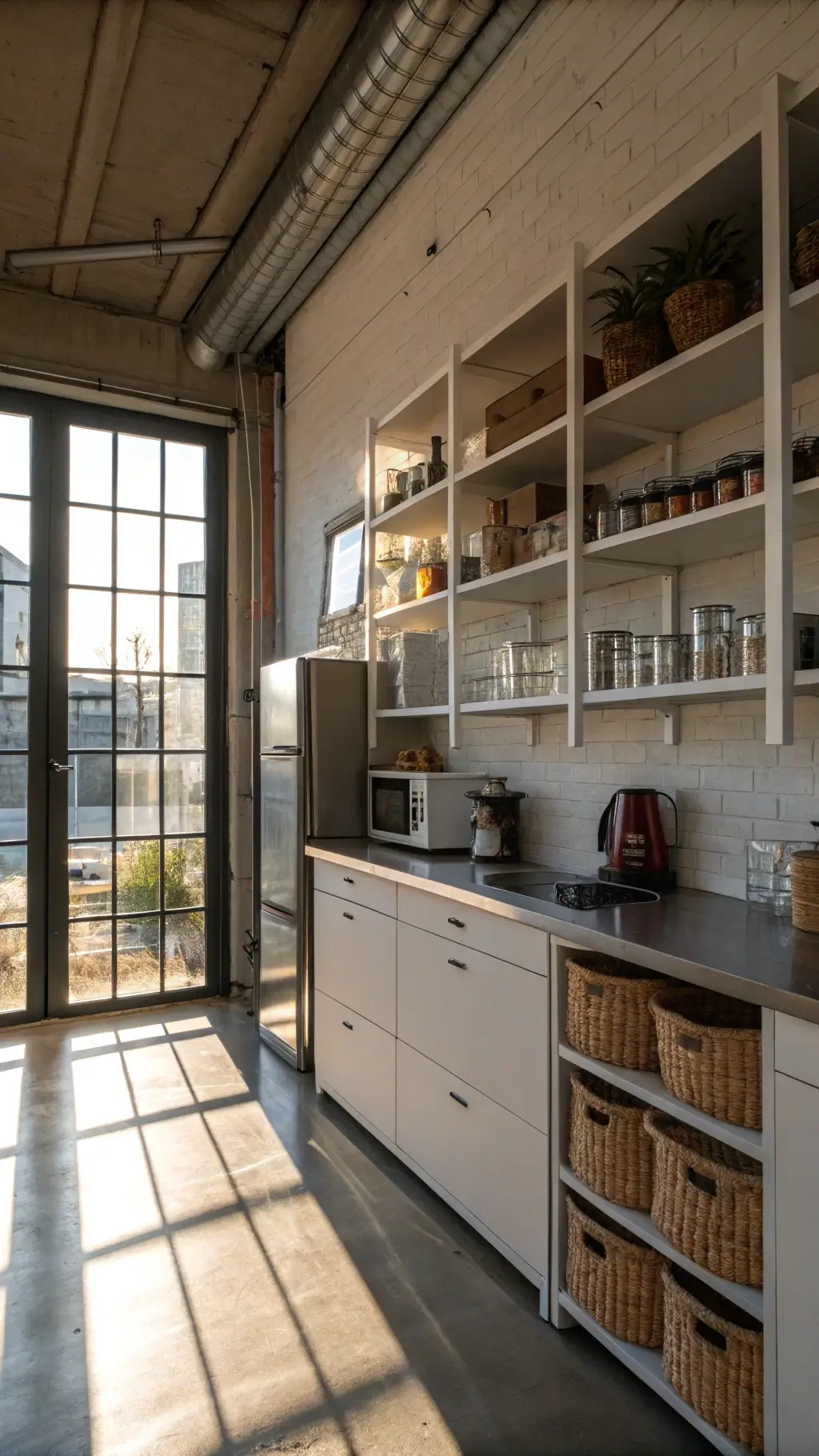 Efficient urban ENHET kitchen featuring clever storage solutions, stainless steel countertops, and natural wood accents, bathed in afternoon sunlight creating geometric shadows.