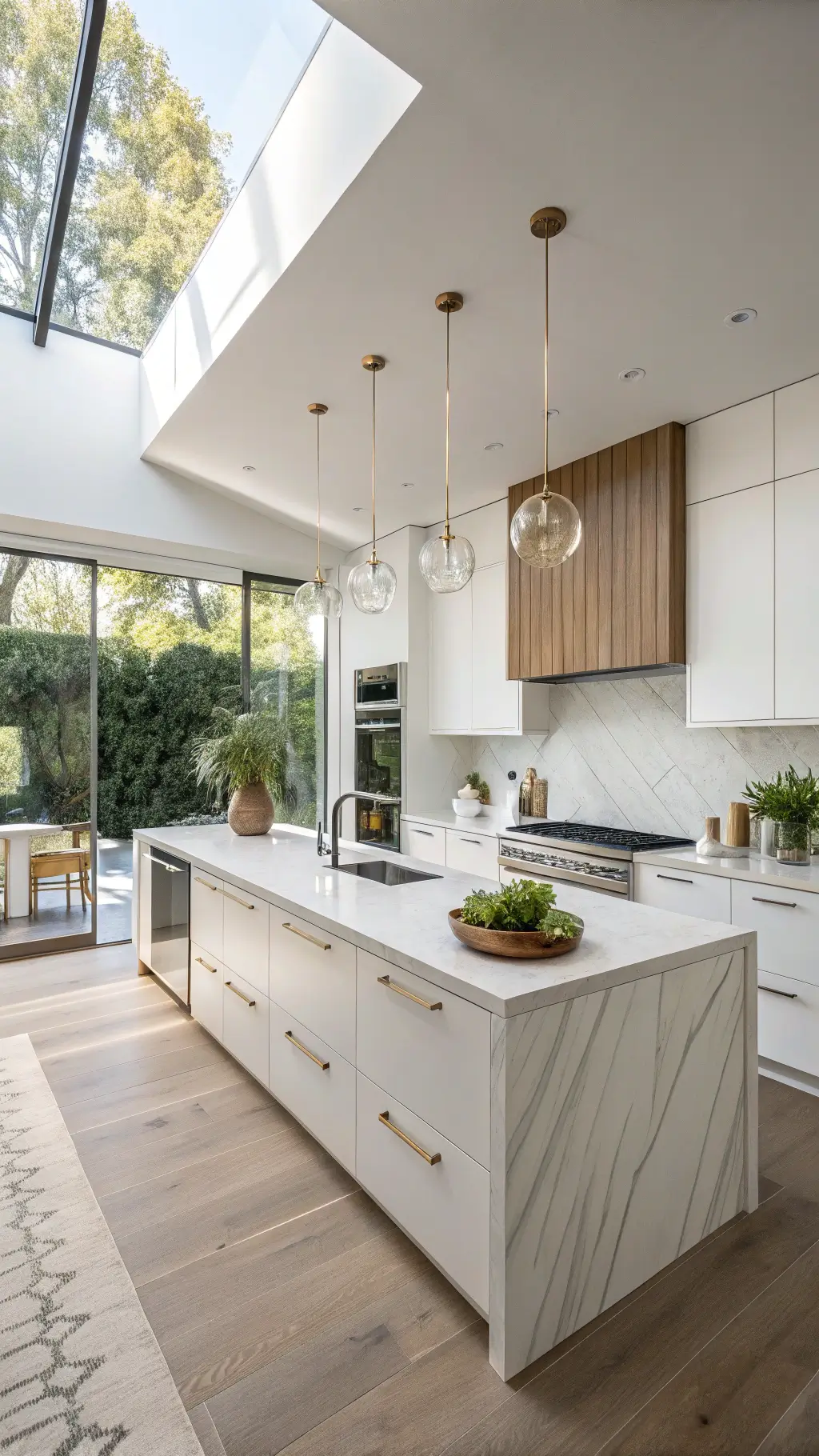 Sunny modern kitchen with frameless matte white cabinets, charcoal quartzite island, stainless steel appliances, brushed brass pendant lights, and geometric ceramics on oak floor