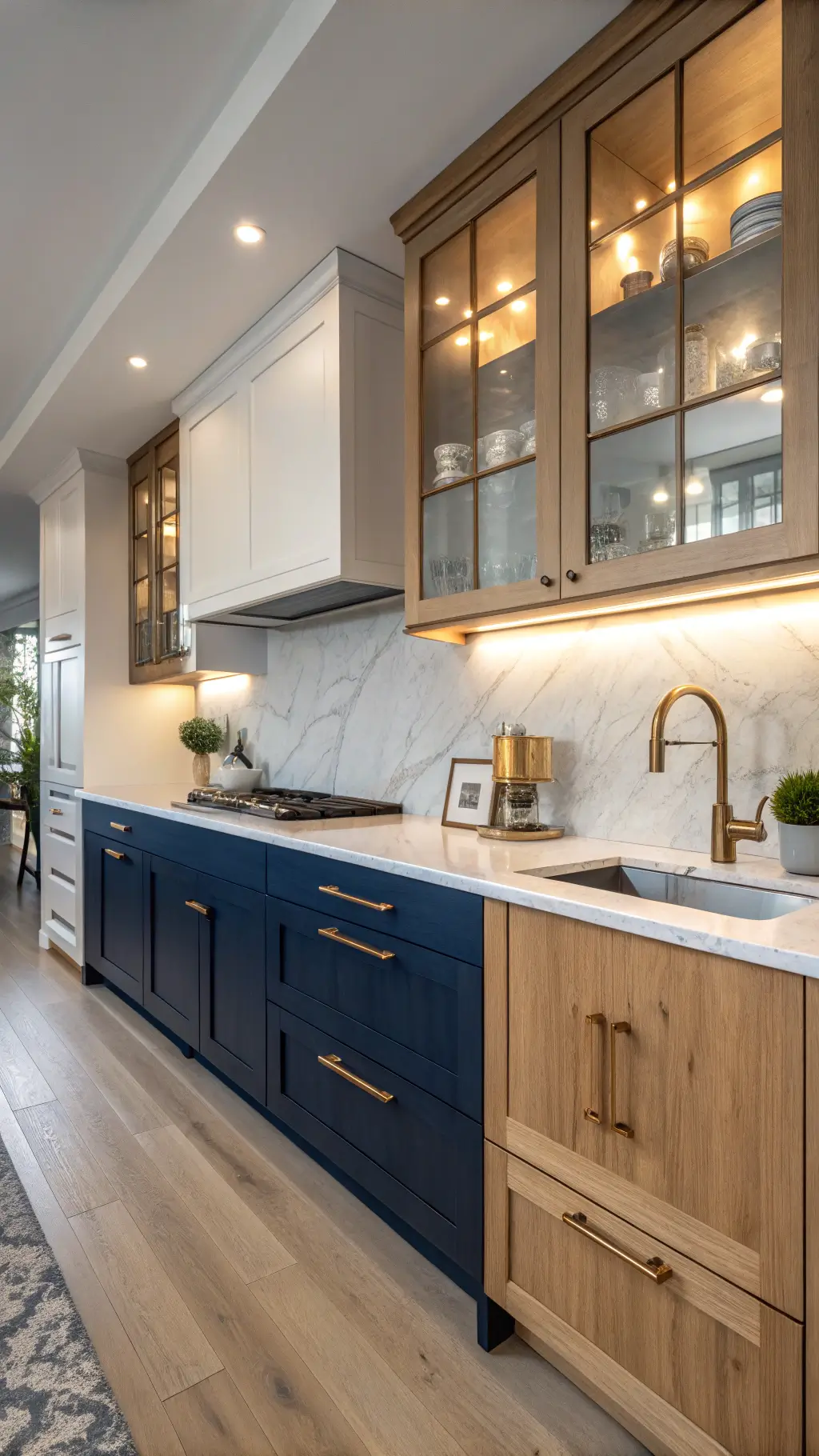 Galley kitchen during golden hour with light finished maple upper cabinets, deep navy blue lower cabinets, white marble backsplash with brass fixtures, and copper cookware on the counters.